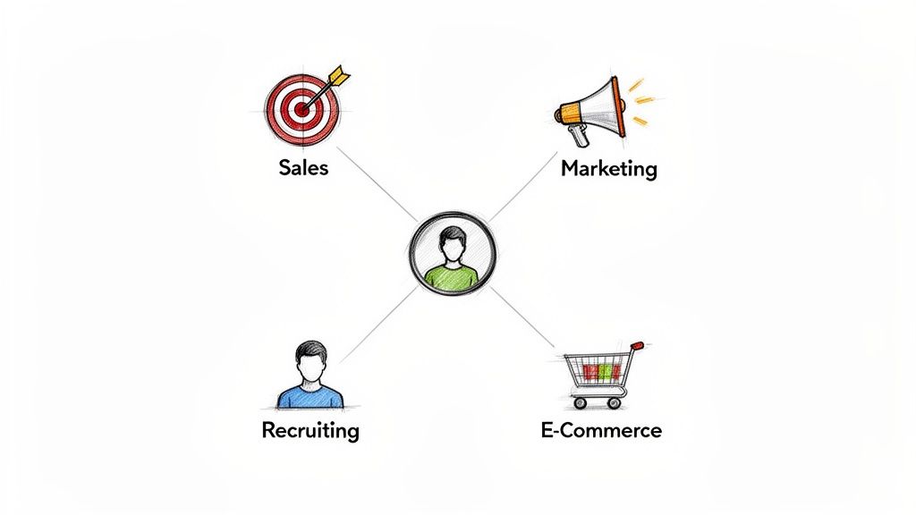 A central person connected to Sales, Marketing, Recruiting, and E-Commerce, representing integrated business functions.