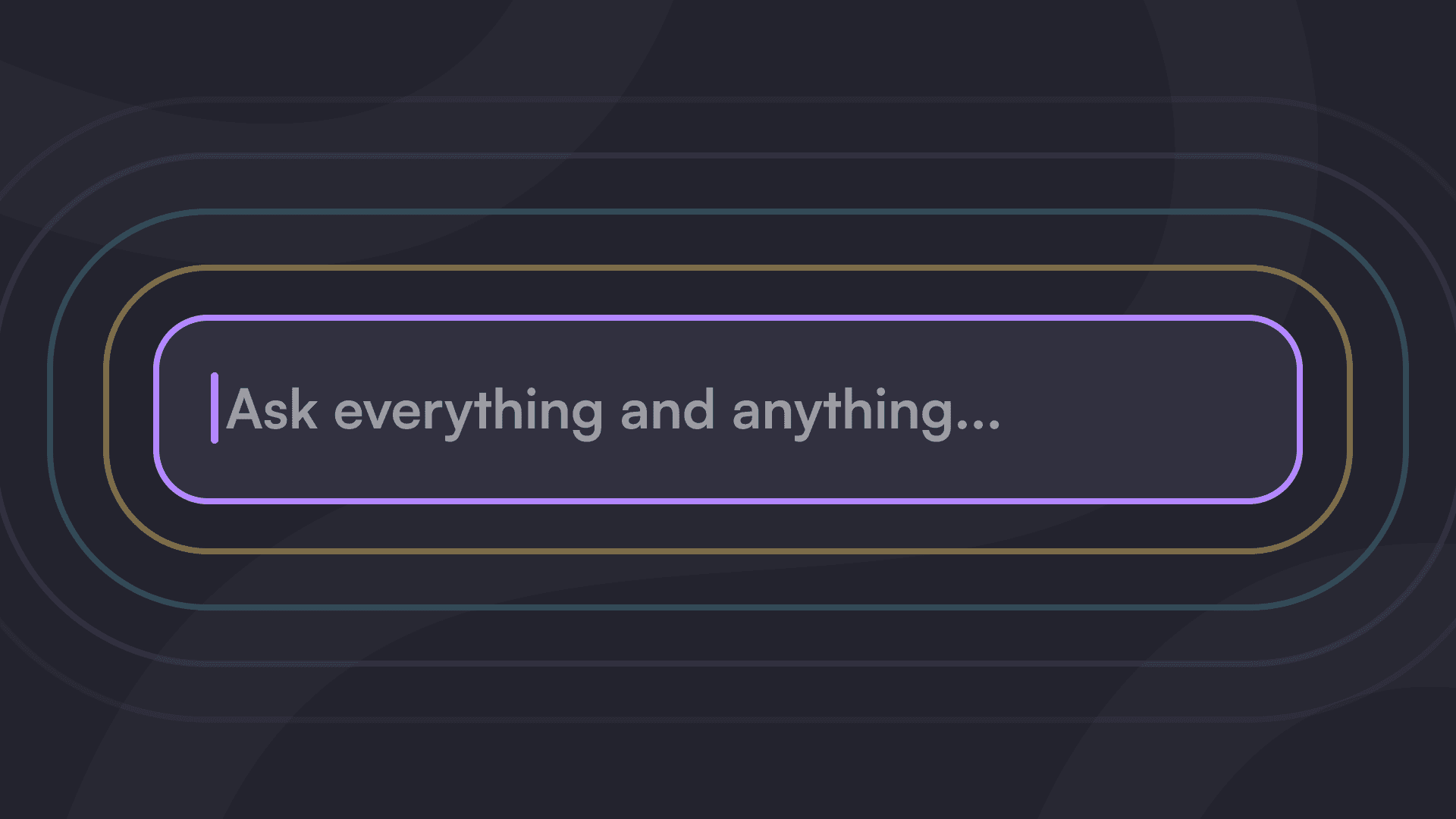 Das Bild zeigt eine dunkle Benutzeroberfläche mit einem zentralen Eingabefeld, das in lila umrandet ist und den Text "Frage alles und jedes..." enthält. Konzentrische ovale Linien umgeben es.