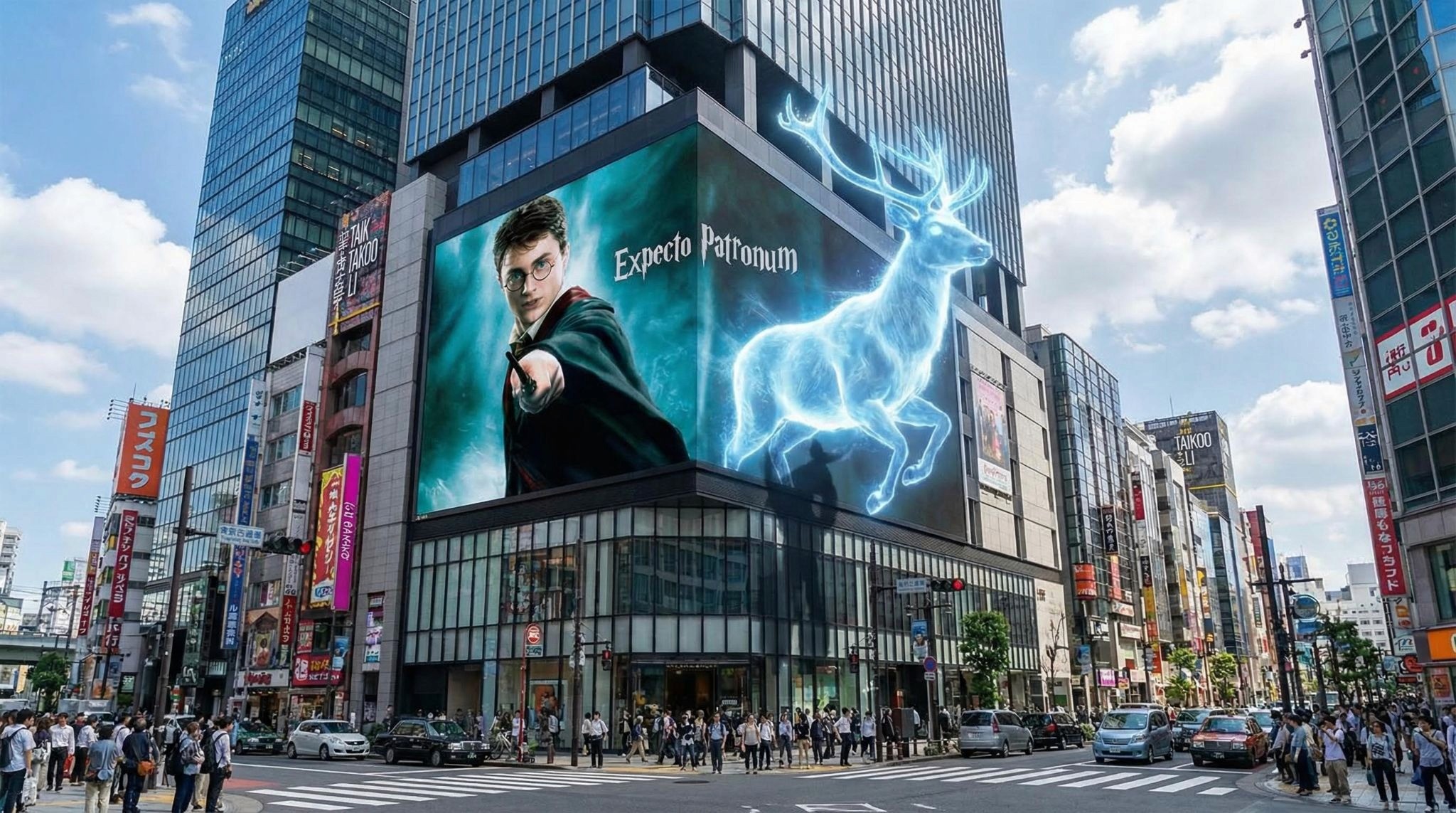 An enormous L-shaped glasses-free 3D LED screen situated prominently at a bustling urban intersection, designed in an iconic architectural style reminiscent of Shinjuku in Tokyo or Taikoo Li in Chengdu. The screen displays a captivating glasses-free 3D animation featuring [scene description]. The characters and objects possess striking depth and appear to break through the screen’s boundaries, extending outward or floating vividly in mid-air. Under realistic daylight conditions, these elements cast lifelike shadows onto the screen’s surface and surrounding buildings. Rich in intricate detail and vibrant colors, the animation seamlessly integrates with the urban setting and the bright sky overhead.