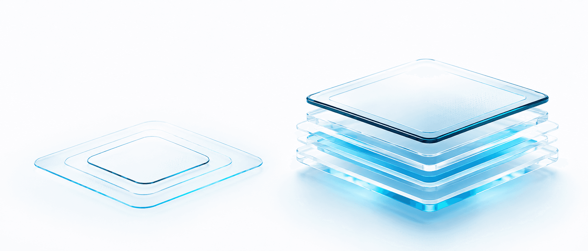 Two abstract geometric shapes on a white background contrasting thin shallow content with tall structured depth, illustrating why quality multiplies the value of fresh content.