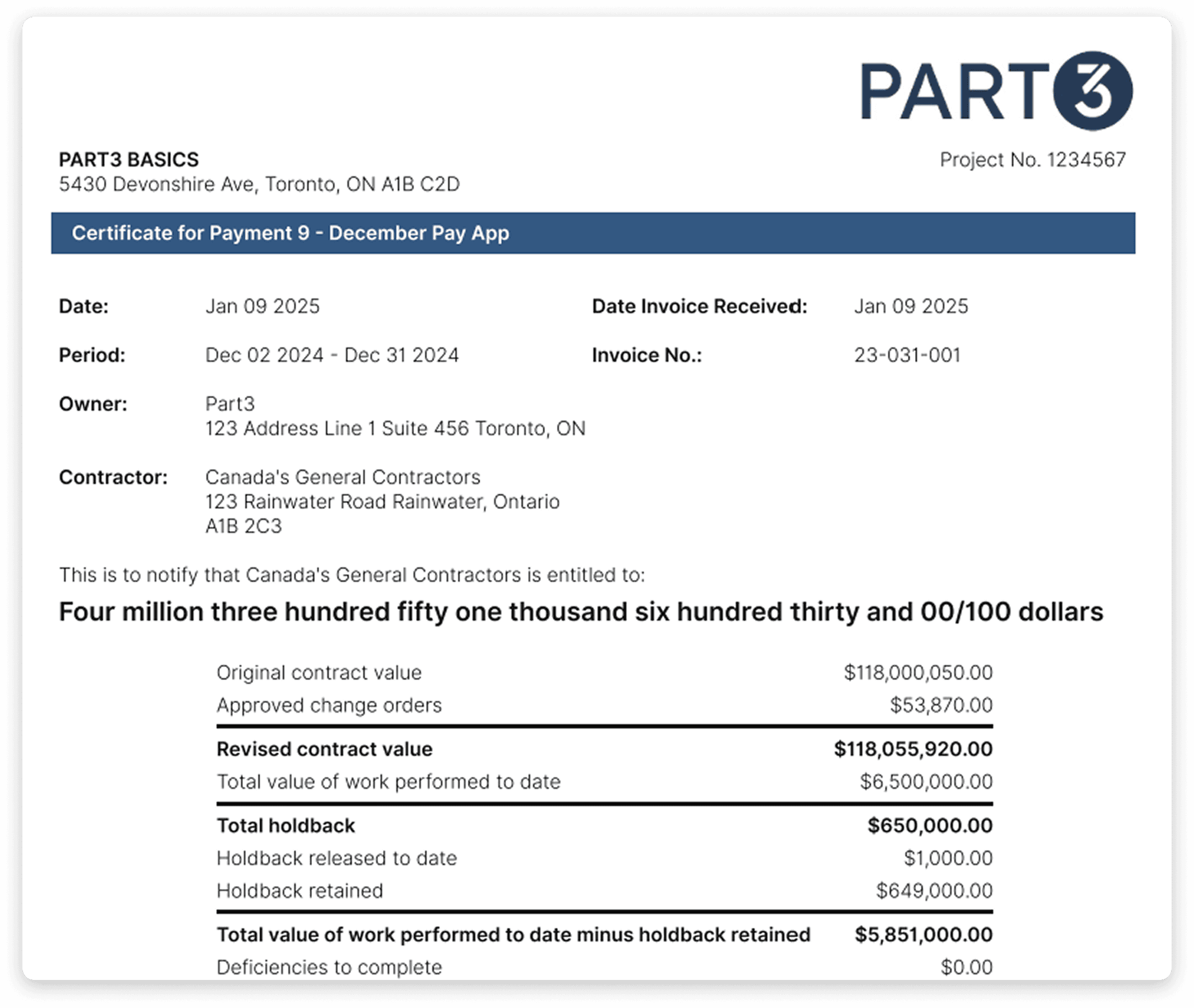 Payment certificate view summarizing contract and holdback values in Part3