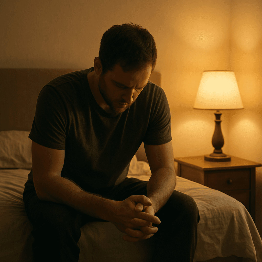 A person with curly hair sits at a desk, working on a laptop in a cozy, well-lit environment.