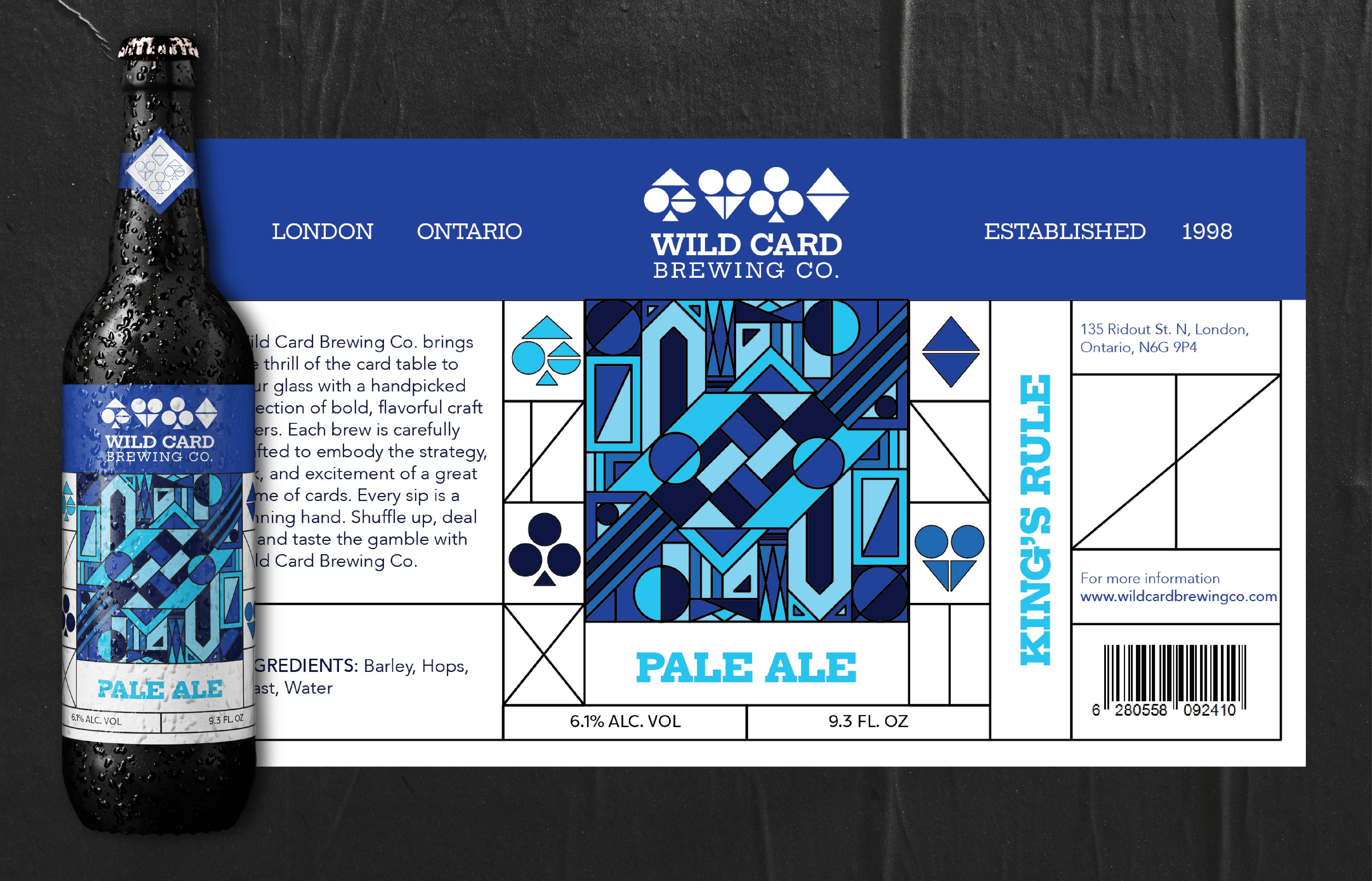 Flay lay of the blue label design showing the layout and composition of everything.