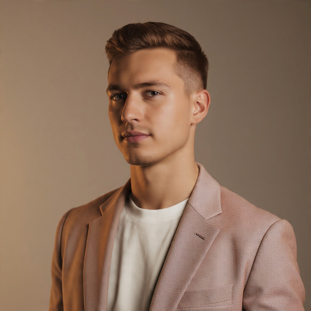 Young man in a black turtleneck and blazer stands outdoors, smiling softly. The background is blurred, conveying a warm, professional tone.