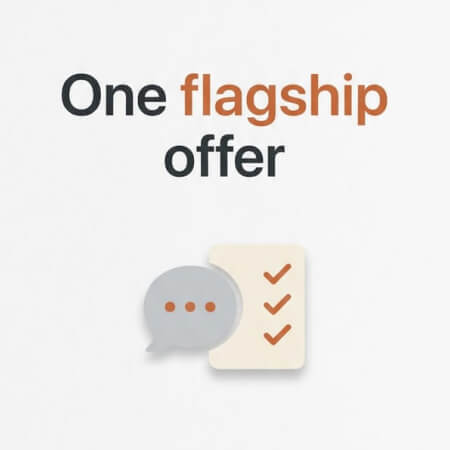 Minimal white graphic showing the words “One flagship offer” above a chat bubble and checklist icons, representing a calm high-ticket offer assistant for menopause coaches.