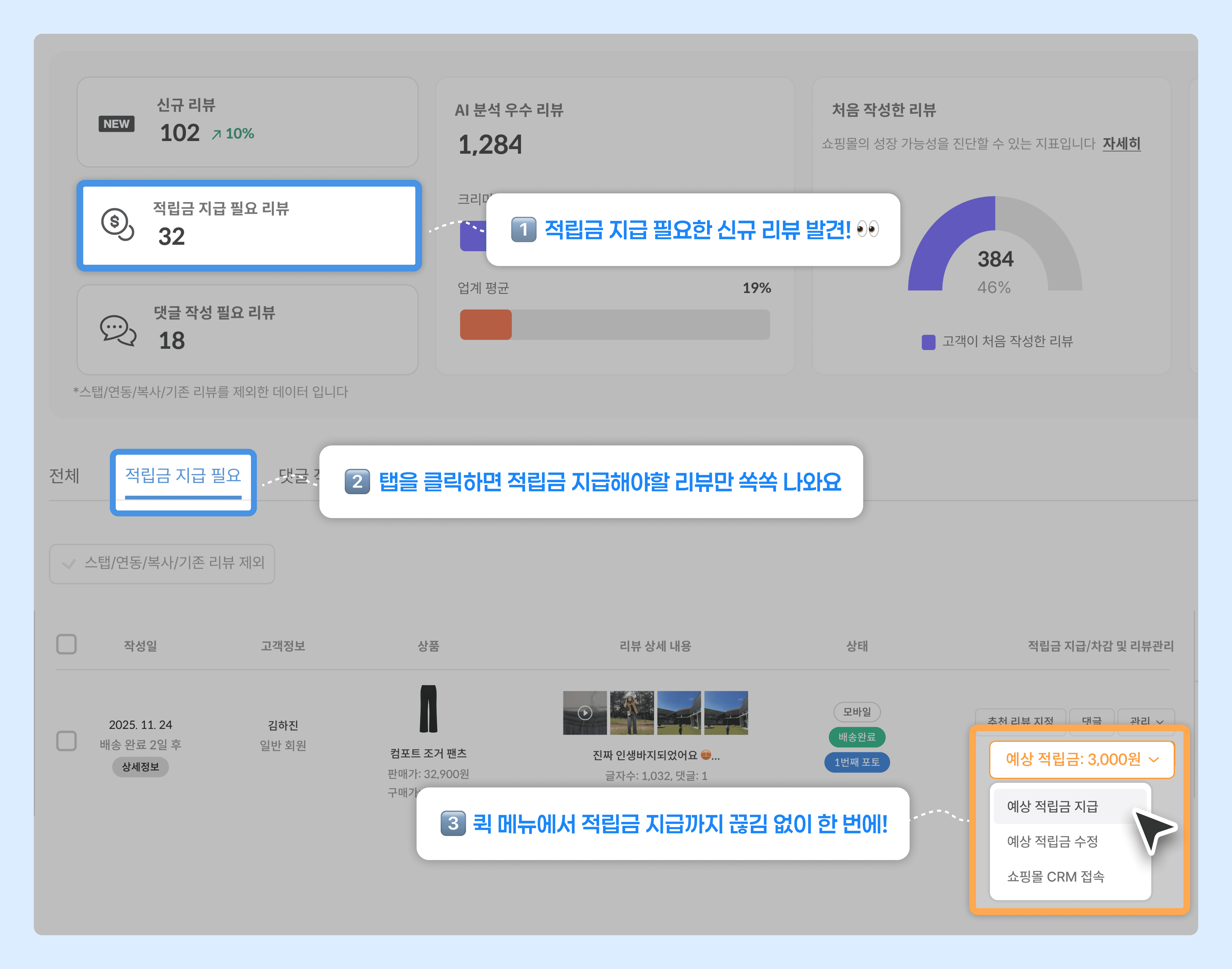 크리마 리뷰 AI 리뷰 매니저 – 신규 리뷰 관리 숏컷 액션