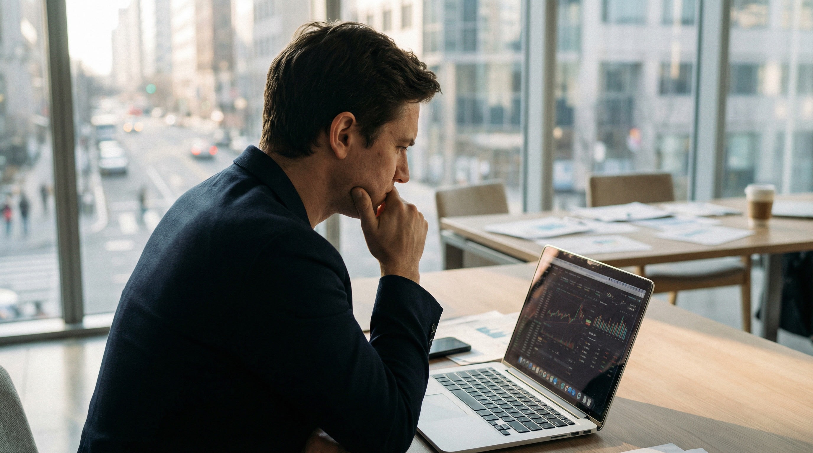 Man in a dark blazer studying a laptop displaying analytics charts, seated by floor-to-ceiling windows overlooking a city street.