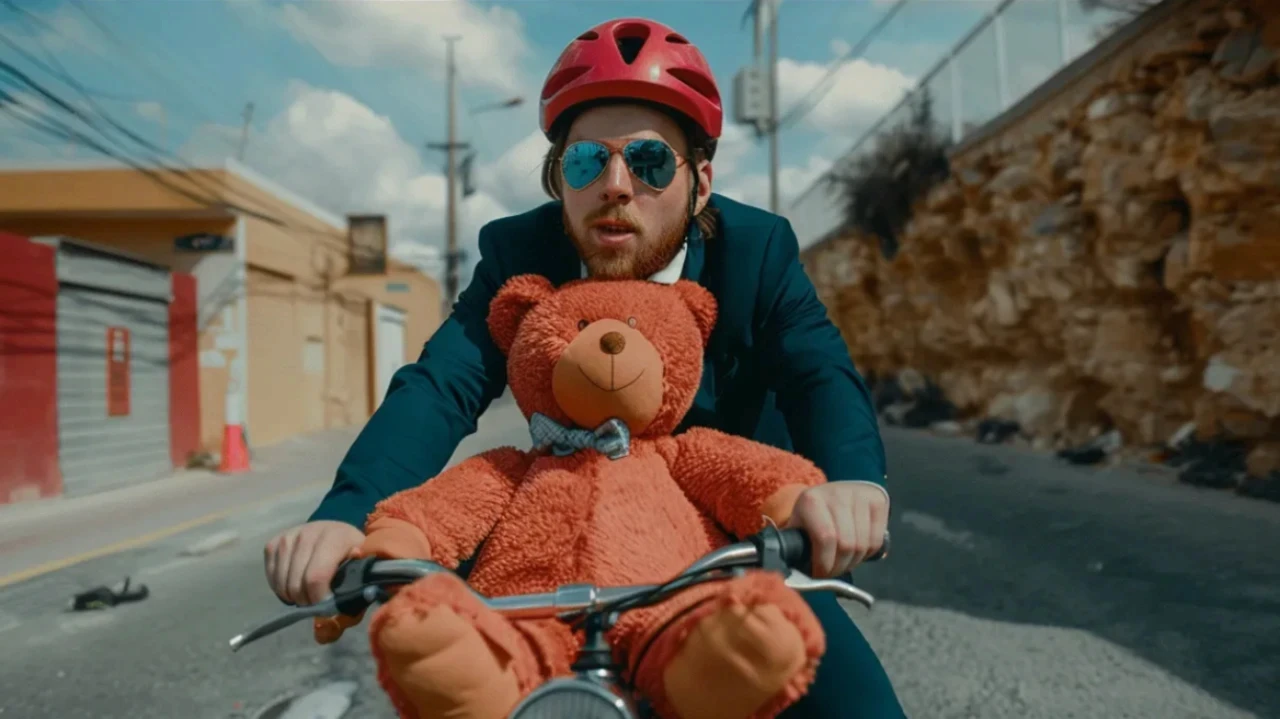 Dans une rue bordée de bâtiments aux façades colorées, un homme en costume sombre porte un casque rouge et des lunettes de soleil tout en pédalant sur un vélo. Un grand ours en peluche est assis devant lui, posé sur le guidon, face à la route. Cette scène visuelle accompagne la réflexion sur le rôle de l’intelligence émotionnelle dans le leadership contemporain, en suggérant l’équilibre entre performance, responsabilité et attention portée à la dimension affective au sein des organisations.