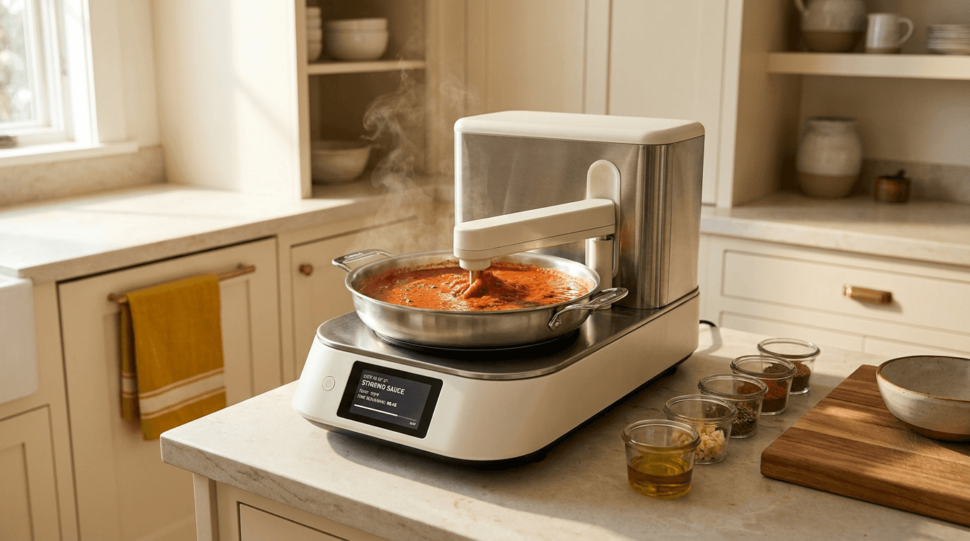 Countertop cooking robot stirring arm automatically cooking tomato sauce