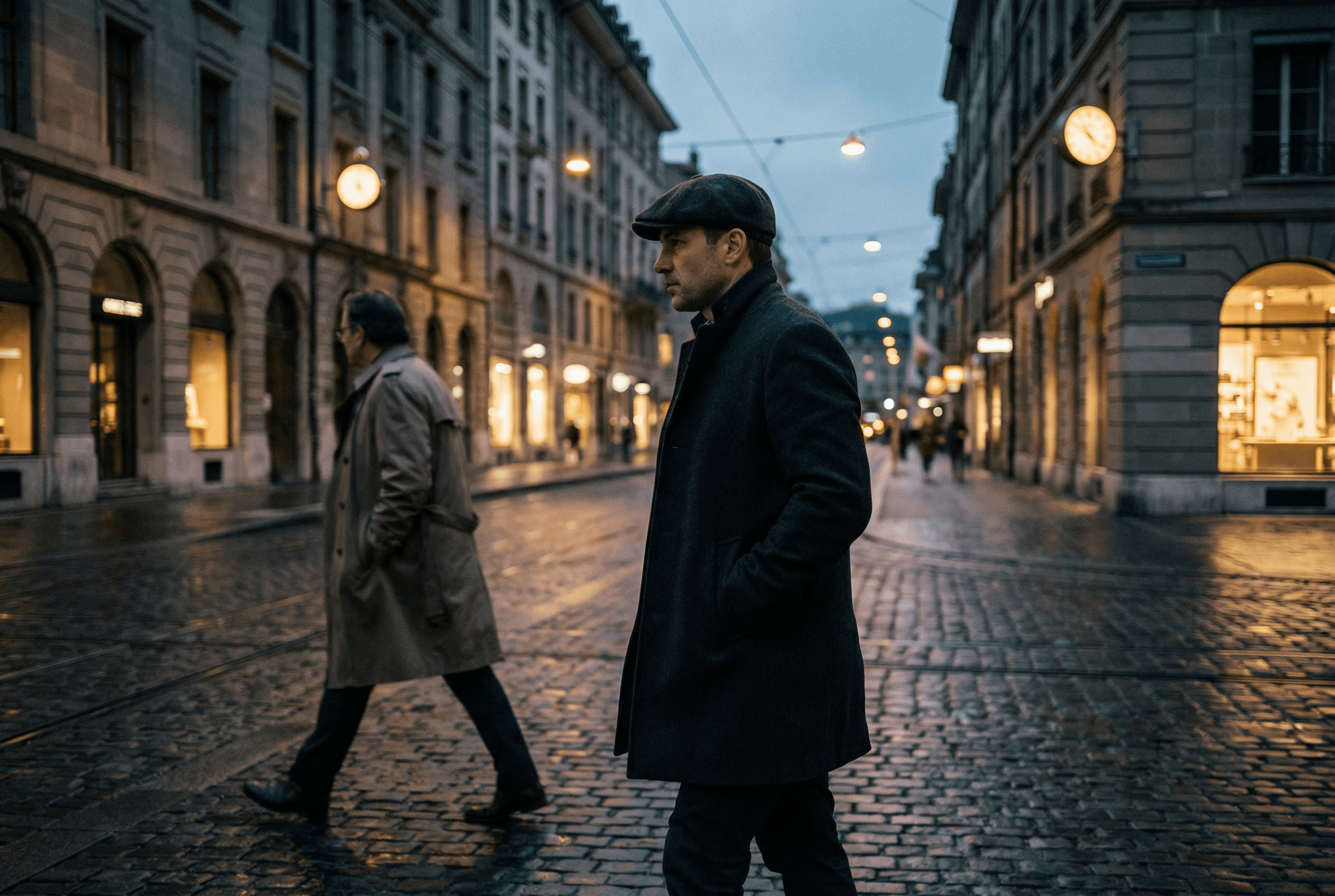 Détective privé réalisant une filature discrète dans les rues de Genève