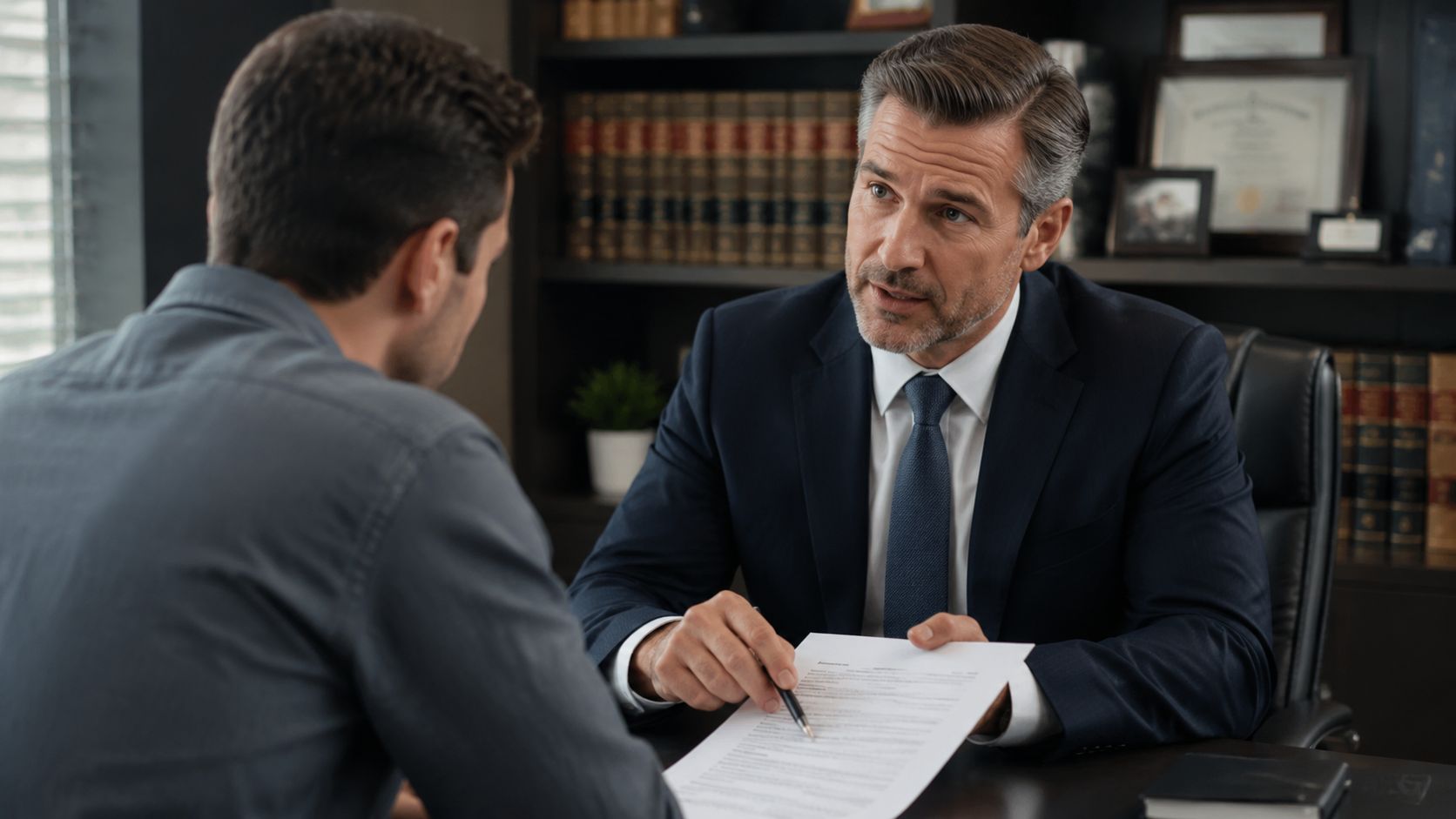An attorney calmly explaining legal options to a concerned client in a modern office.