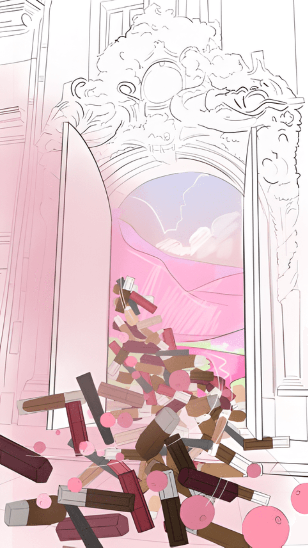 The sketch shows the doors fully open as a massive pile of pink and plum lipsticks floods forward onto the floor
