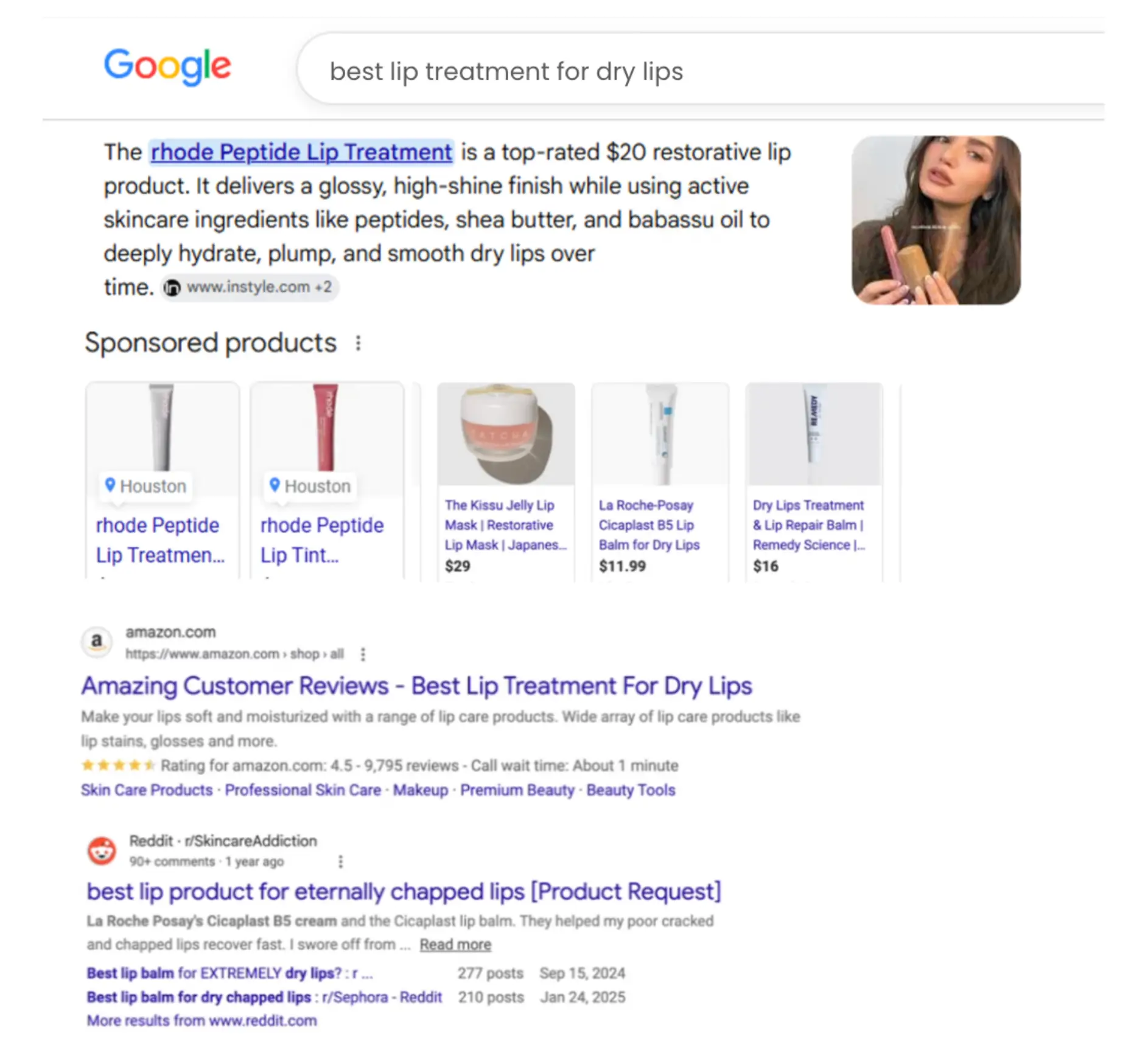 Google search results for the best lip treatment for dry lips featuring Rhode Peptide Lip Treatment.