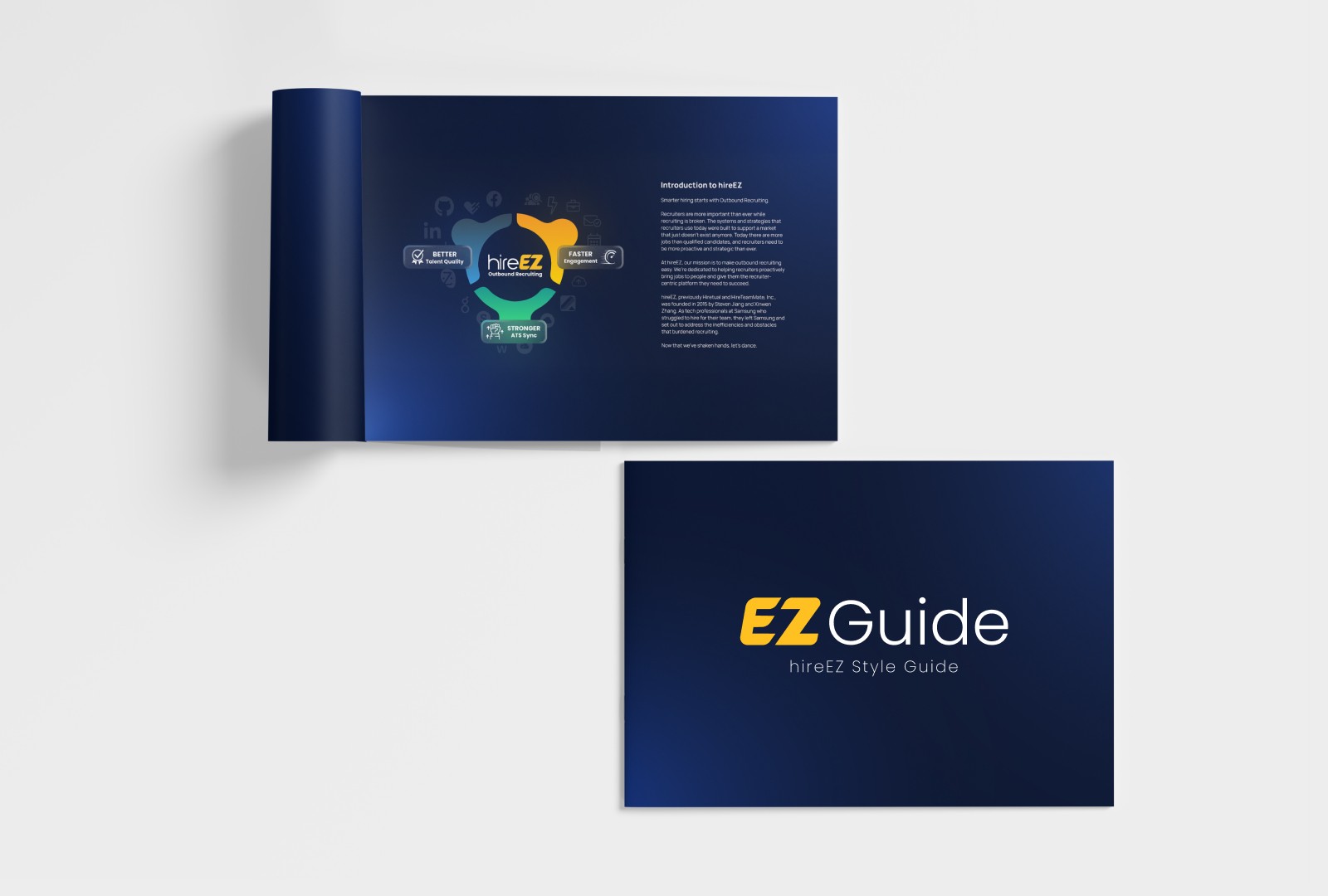 Arial view of HireEZ's brand guide showing the 2nd page and cover