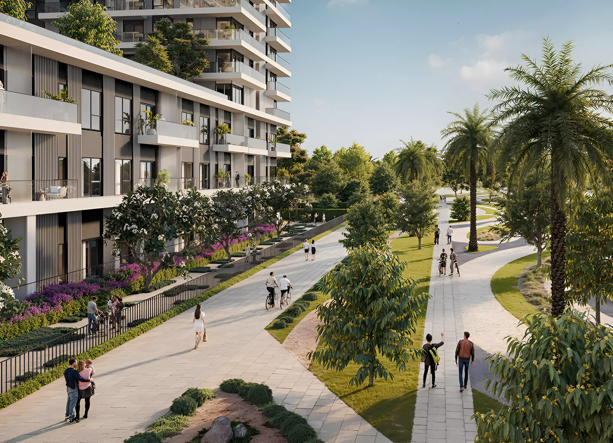 Tree-lined pedestrian and cycling paths surrounding Vida Residences Club Point at Dubai Hills Estate