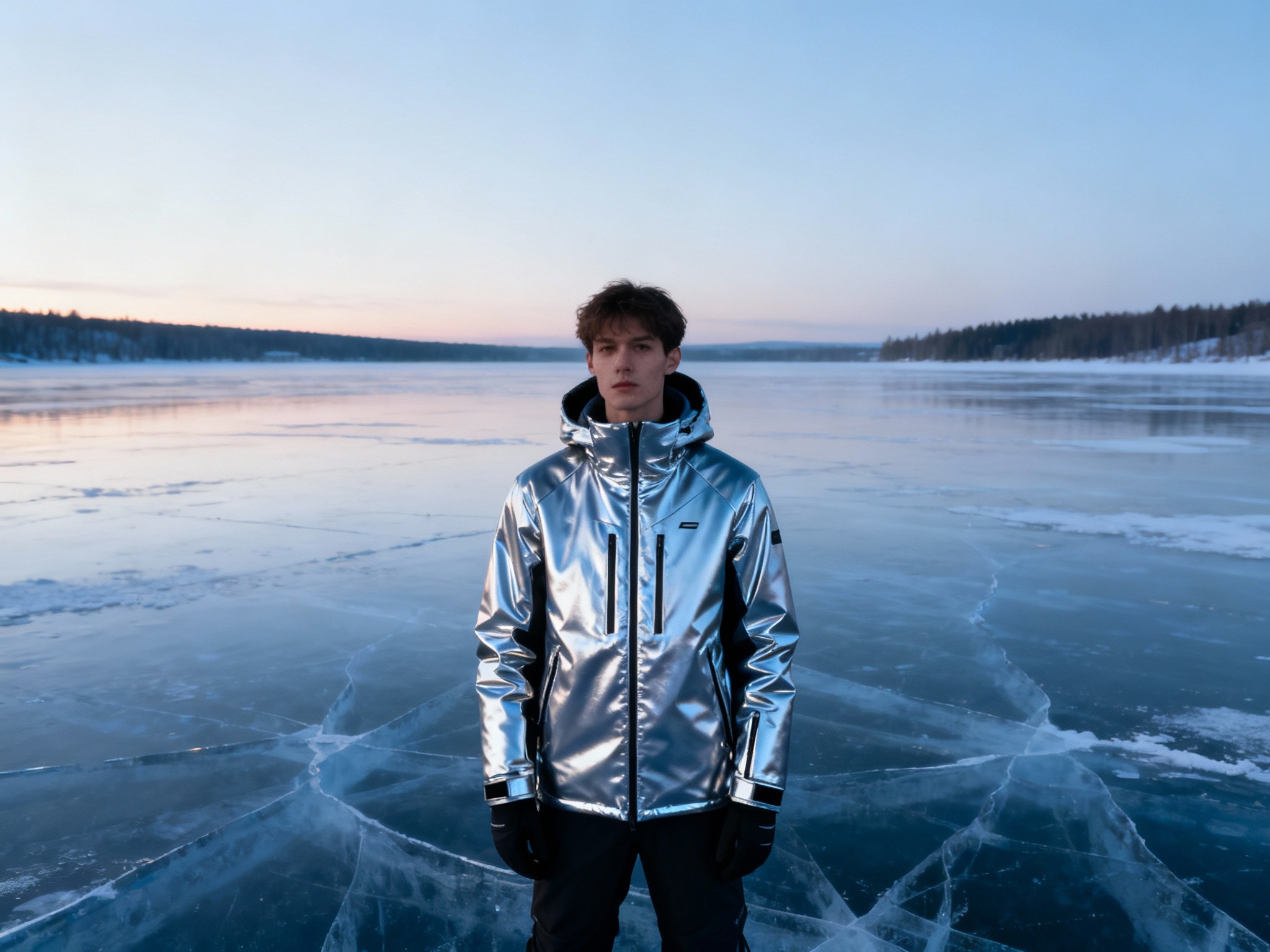An editorial-style photograph in a wide landscape format featuring a single model clad in a sleek