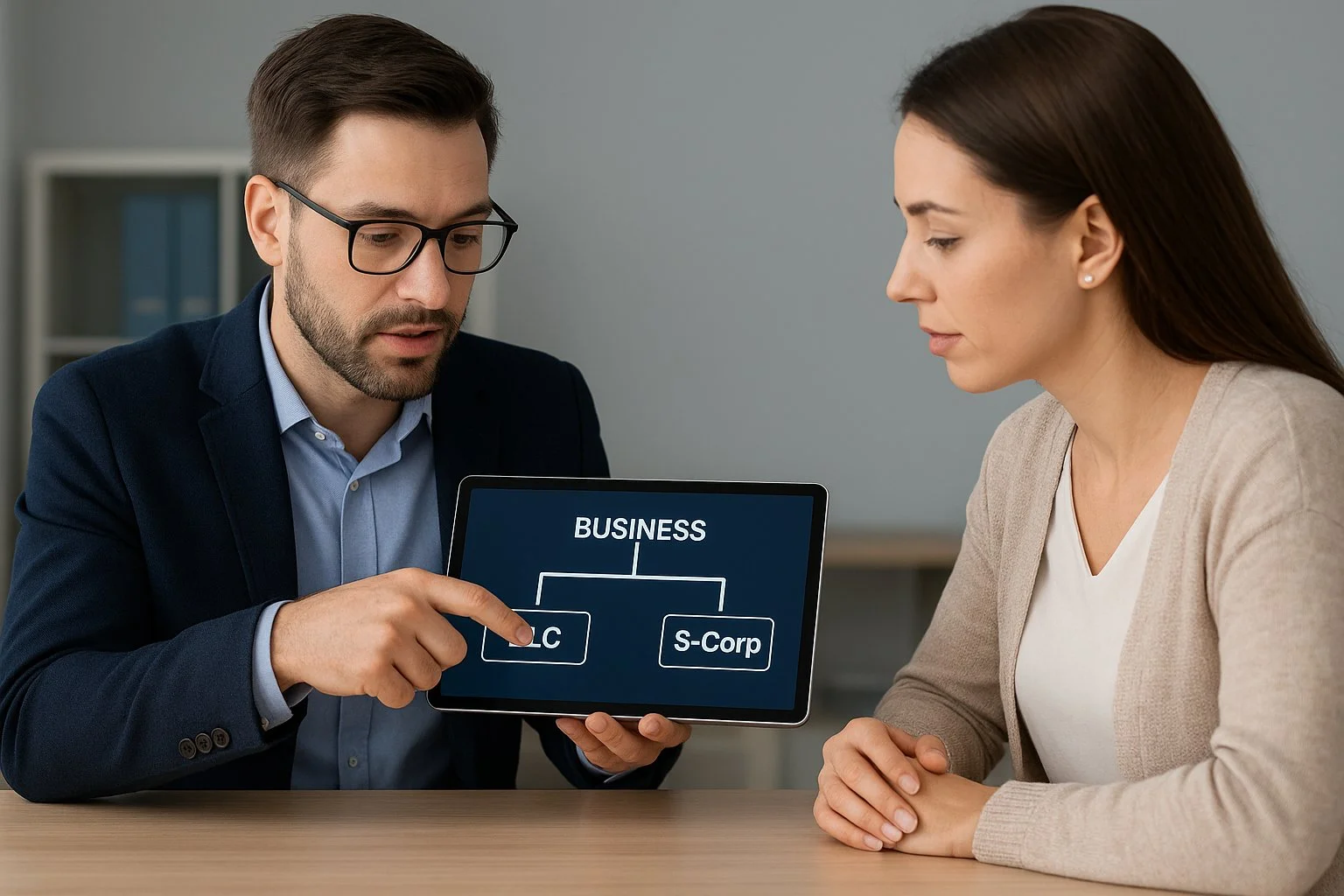 Financial consultant showing a client a tablet with a decision tree comparing LLC and S-Corp business structures.