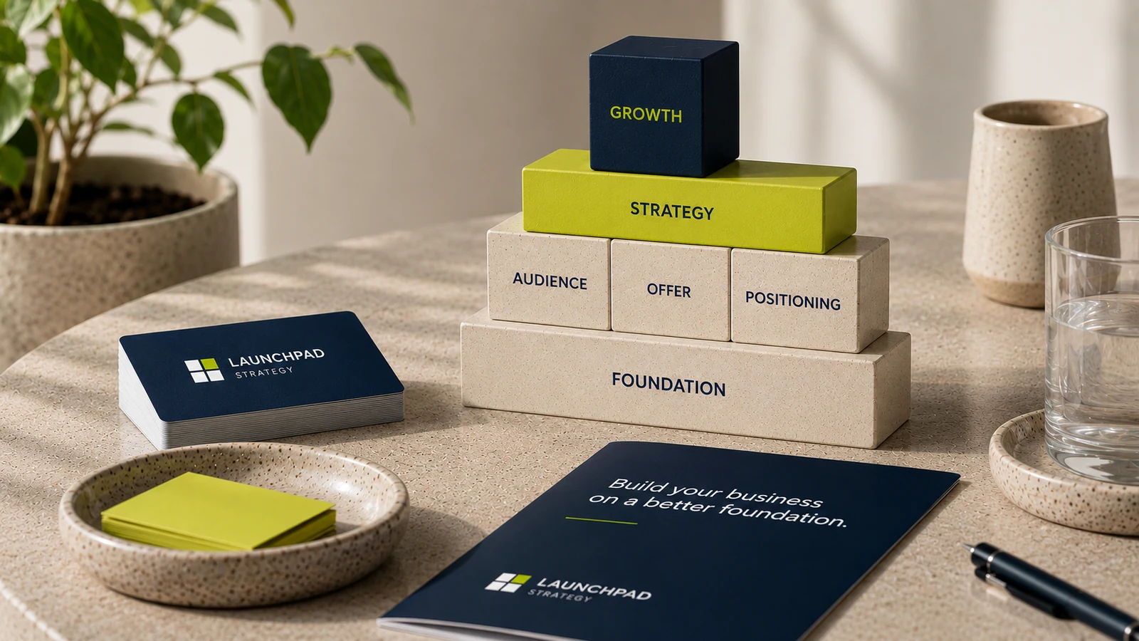 Launchpad Strategy foundation blocks representing audience, offer, positioning, strategy and growth
