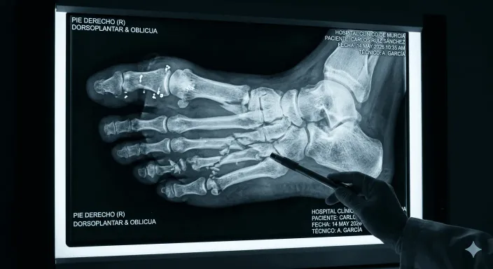 Radiografía de una lesión traumática en la mano cubierta por la invalidez parcial del seguro de accidentes.