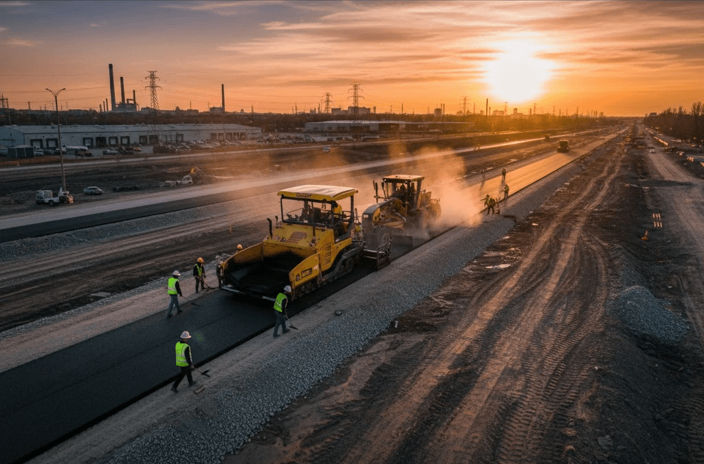 a row of yellow and blue construction machines