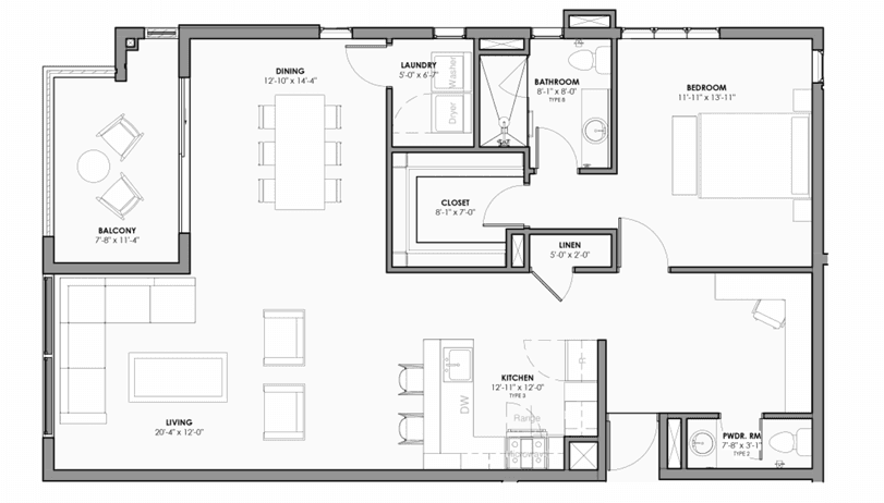 Detailed floor plan of a spacious modern apartment, showing multiple rooms and open living areas.