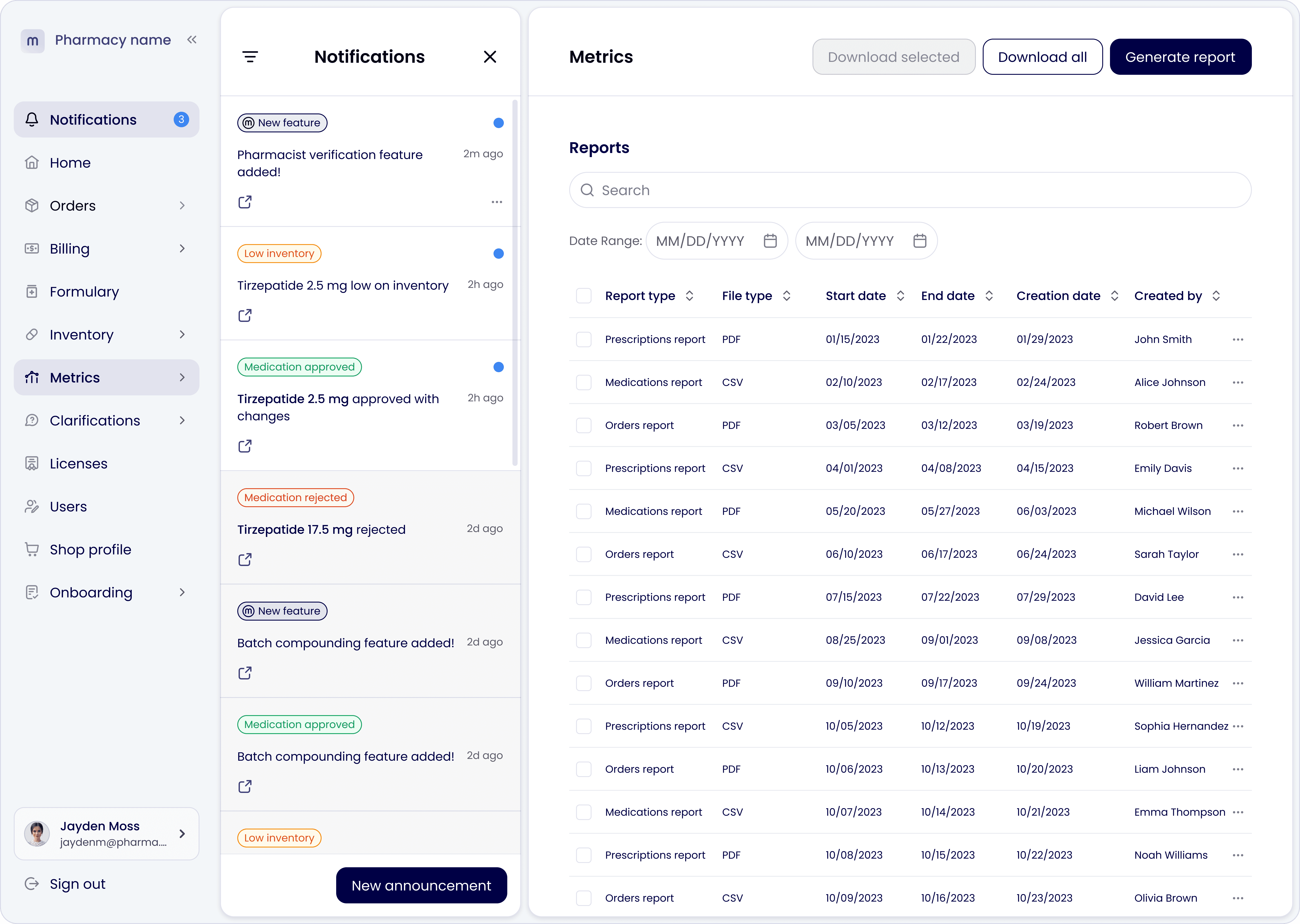 A table of reports with a notifications pane open to the left