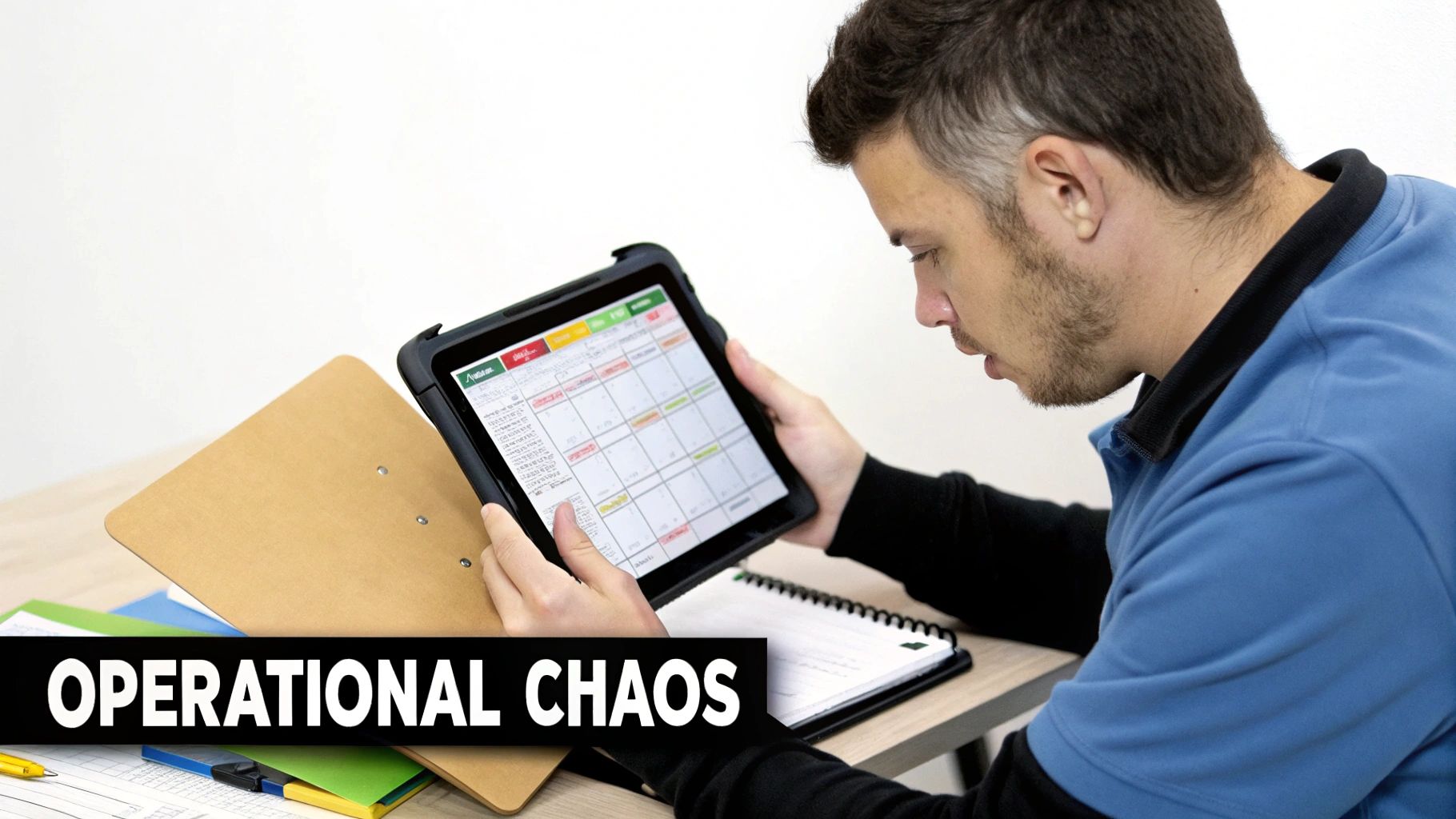 A man intently views a digital calendar on a tablet, with papers and a notebook on his desk.