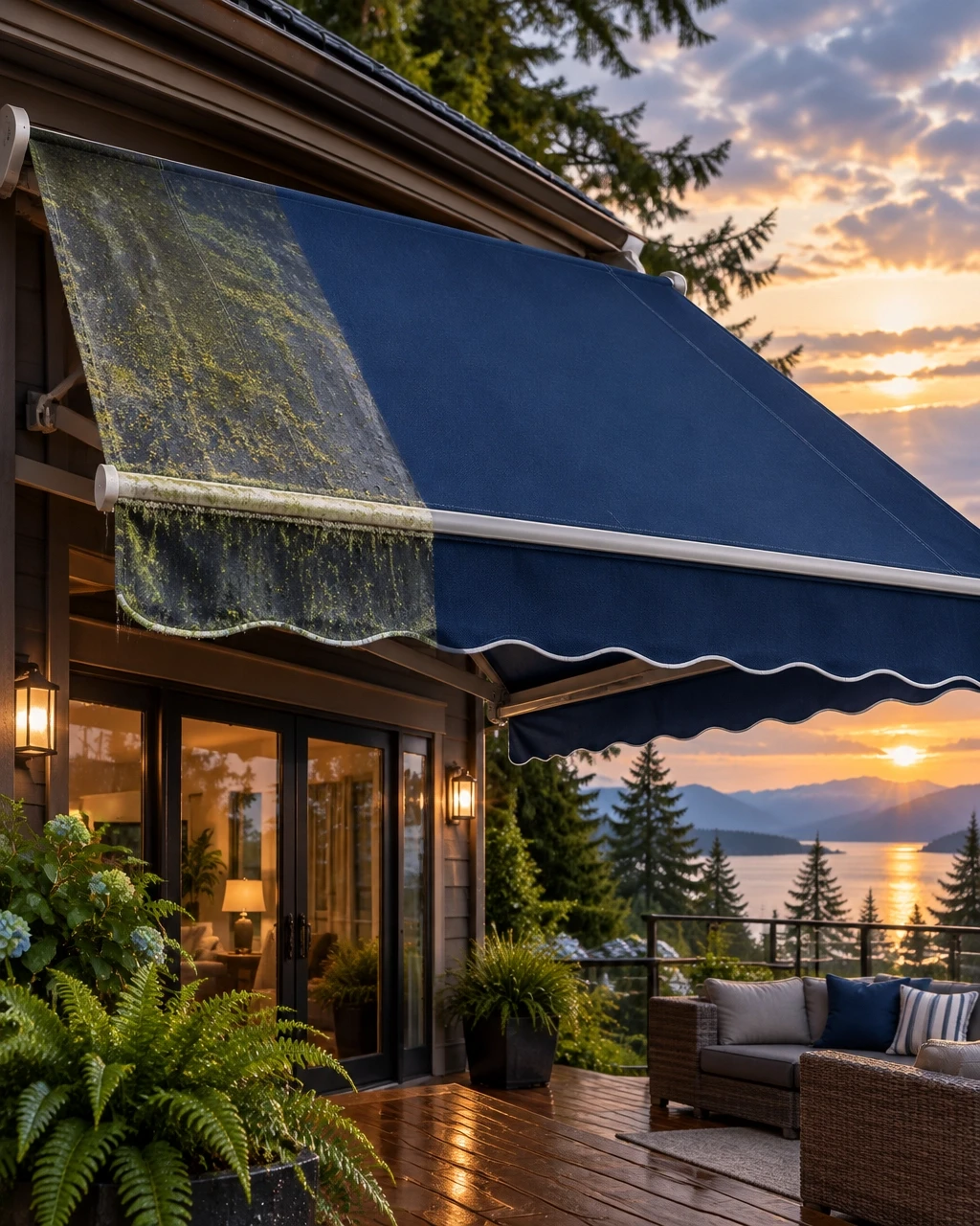 Before-and-after style view of a residential awning with algae buildup and a clean restored section