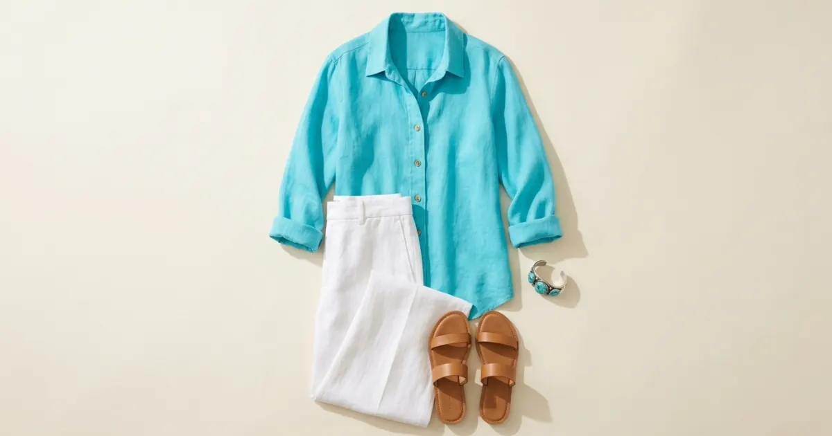 Turquoise linen shirt laid with white linen trousers, tan leather flat sandals and a silver and turquoise cuff bracelet on a warm ivory background