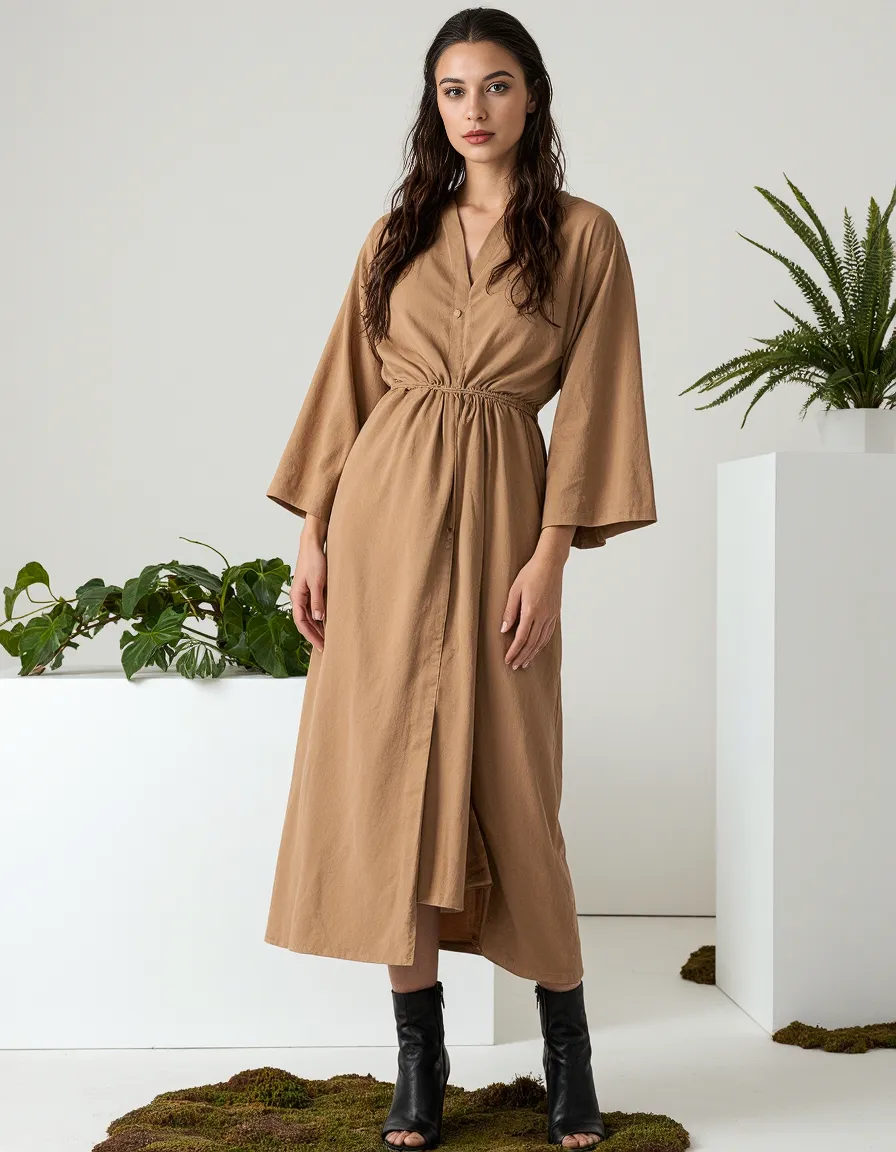 Minimalist fashion photograph featuring a camel-colored wrap dress with wide sleeves styled with black boots against a white backdrop with plants