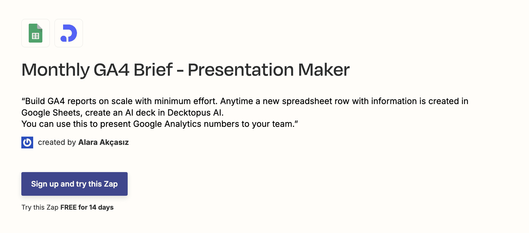 A screenshot of the monthly GA4 presentation integration of Decktopus AI and Google Sheets