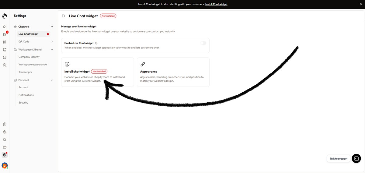 AskDolphin Live Chat widget settings showing install chat widget card highlighted for starting installation