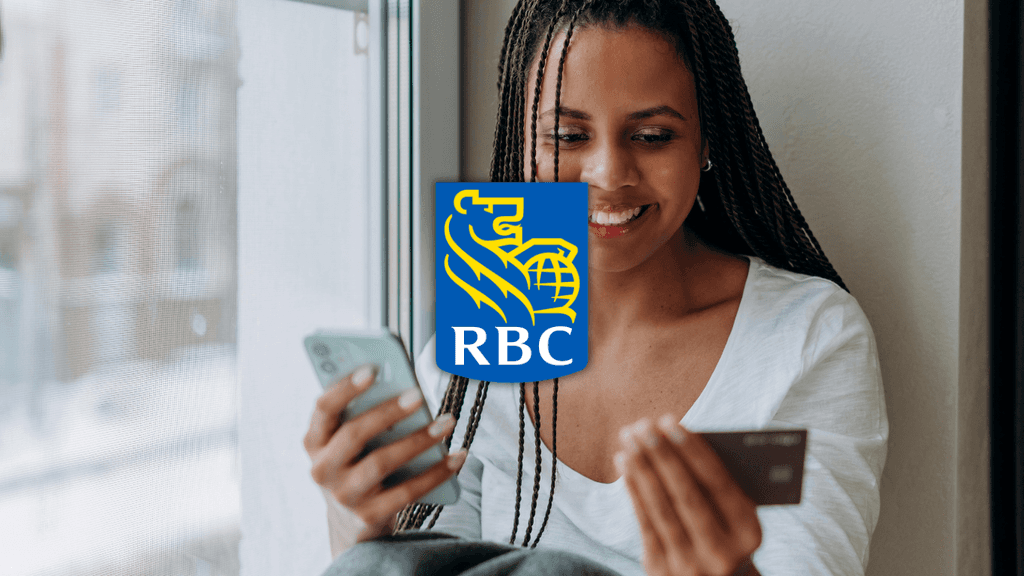 A smiling newcomer woman holding a bank card and checking her RBC Advantage account on a smartphone.