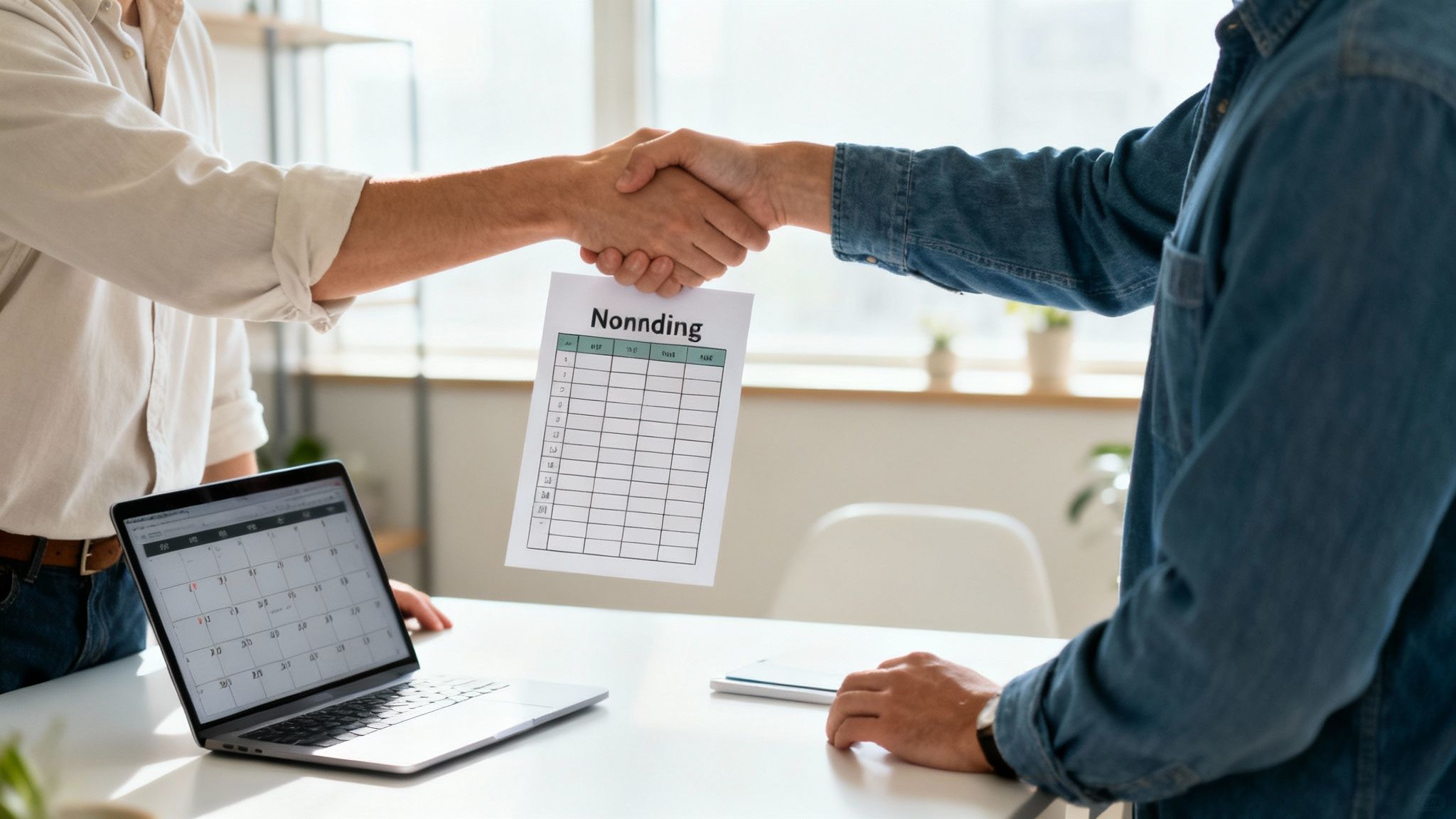 Two people shaking hands across a desk, sealing a new partnership agreement.