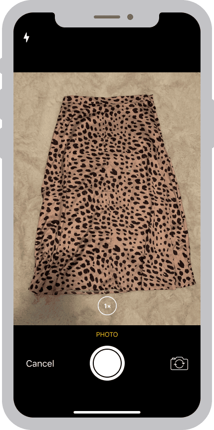 Mockup of the camera app taking a photo of a skirt