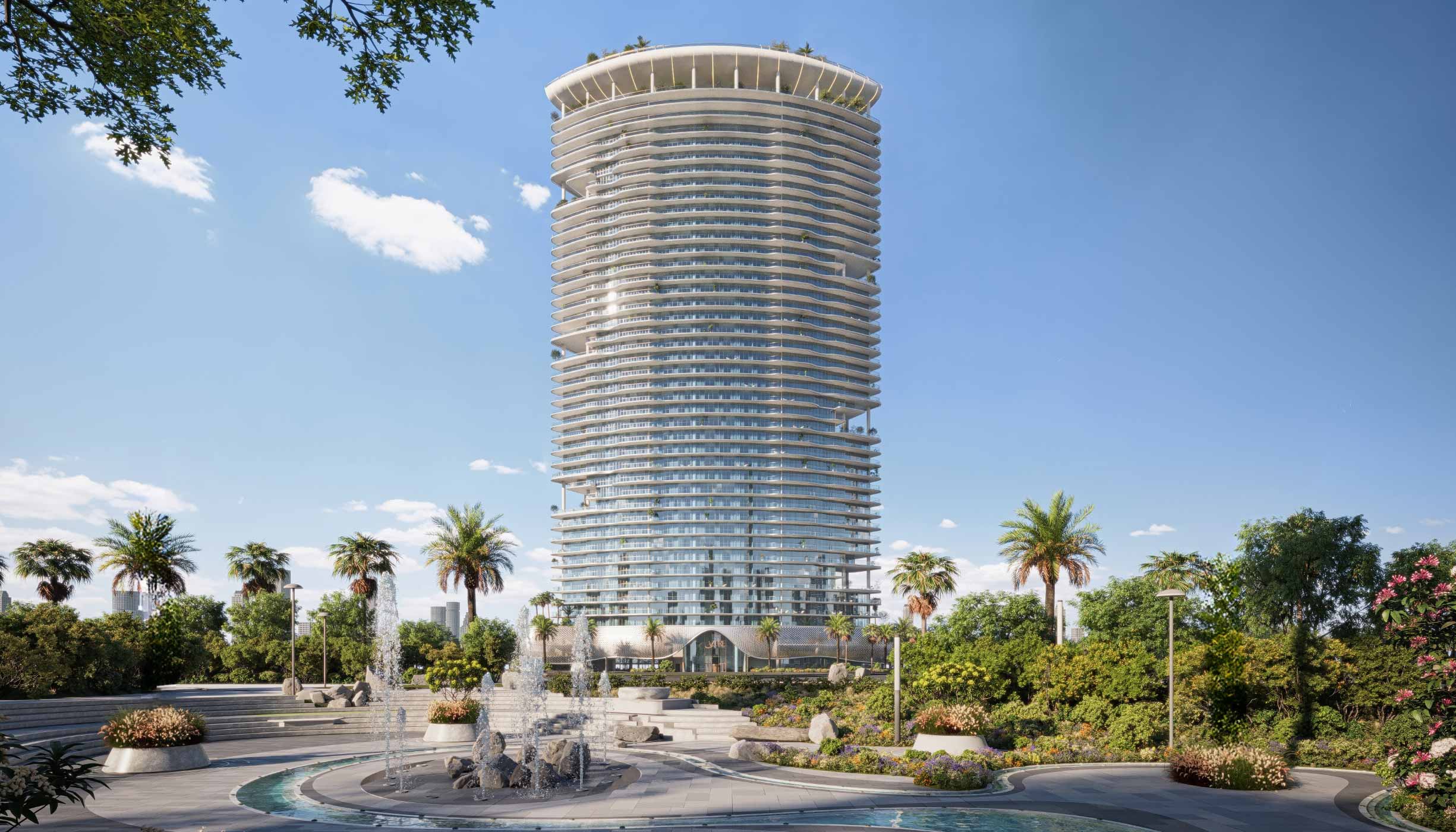 A tower surrounded by palm trees and a fountain, featuring an azure Lapis color scheme.