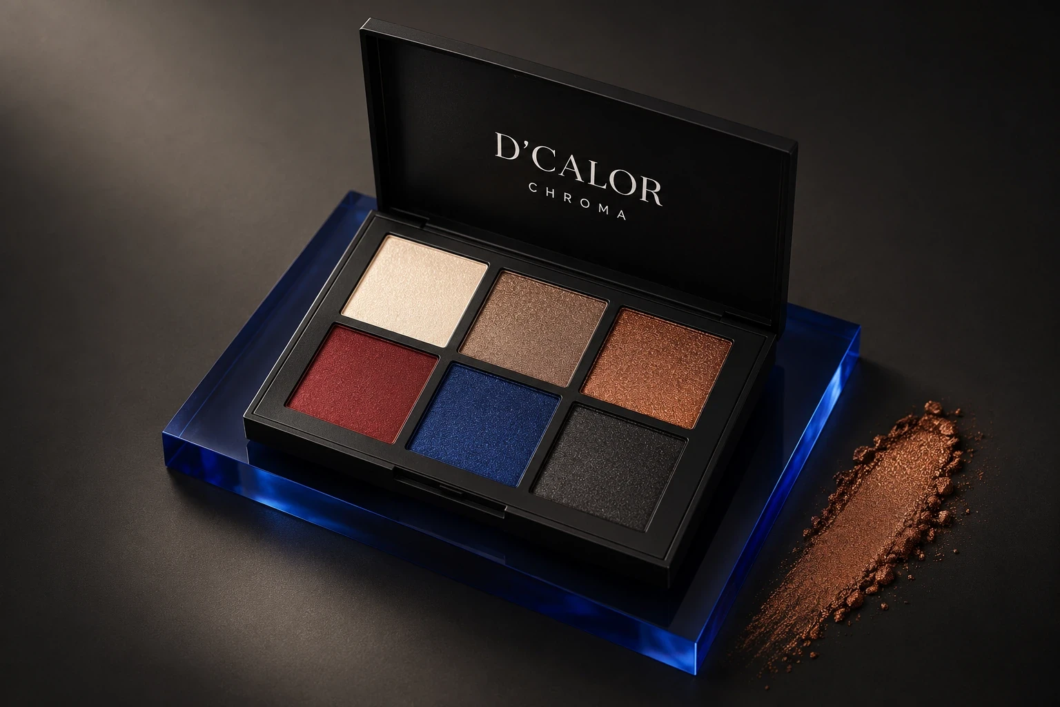CHROMA six-colour eyeshadow palette in a black D’CALOR compact with blue glass and copper pigment