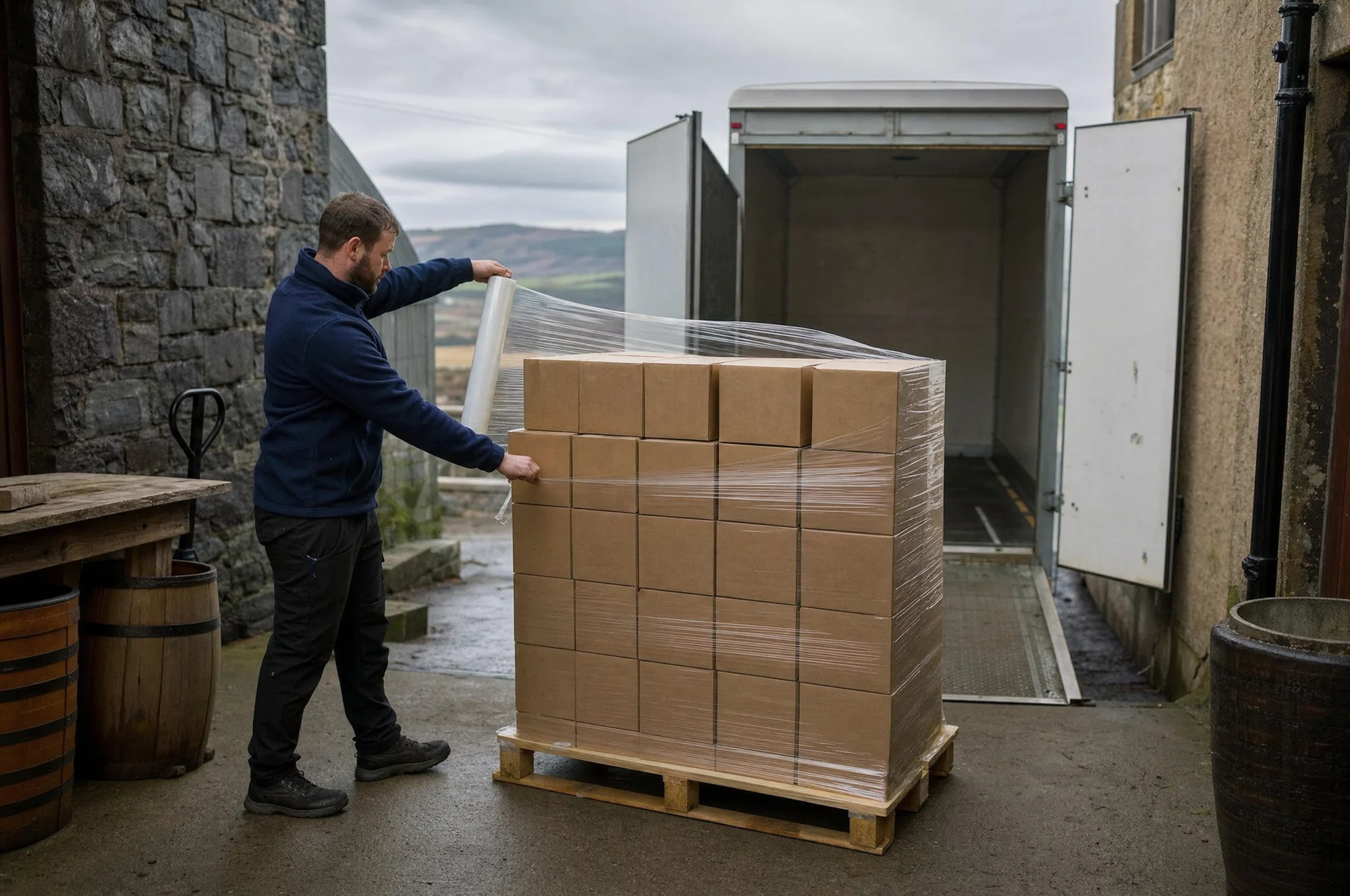 A worker wrapping a pallet of whisky cases at a distillery loading bay