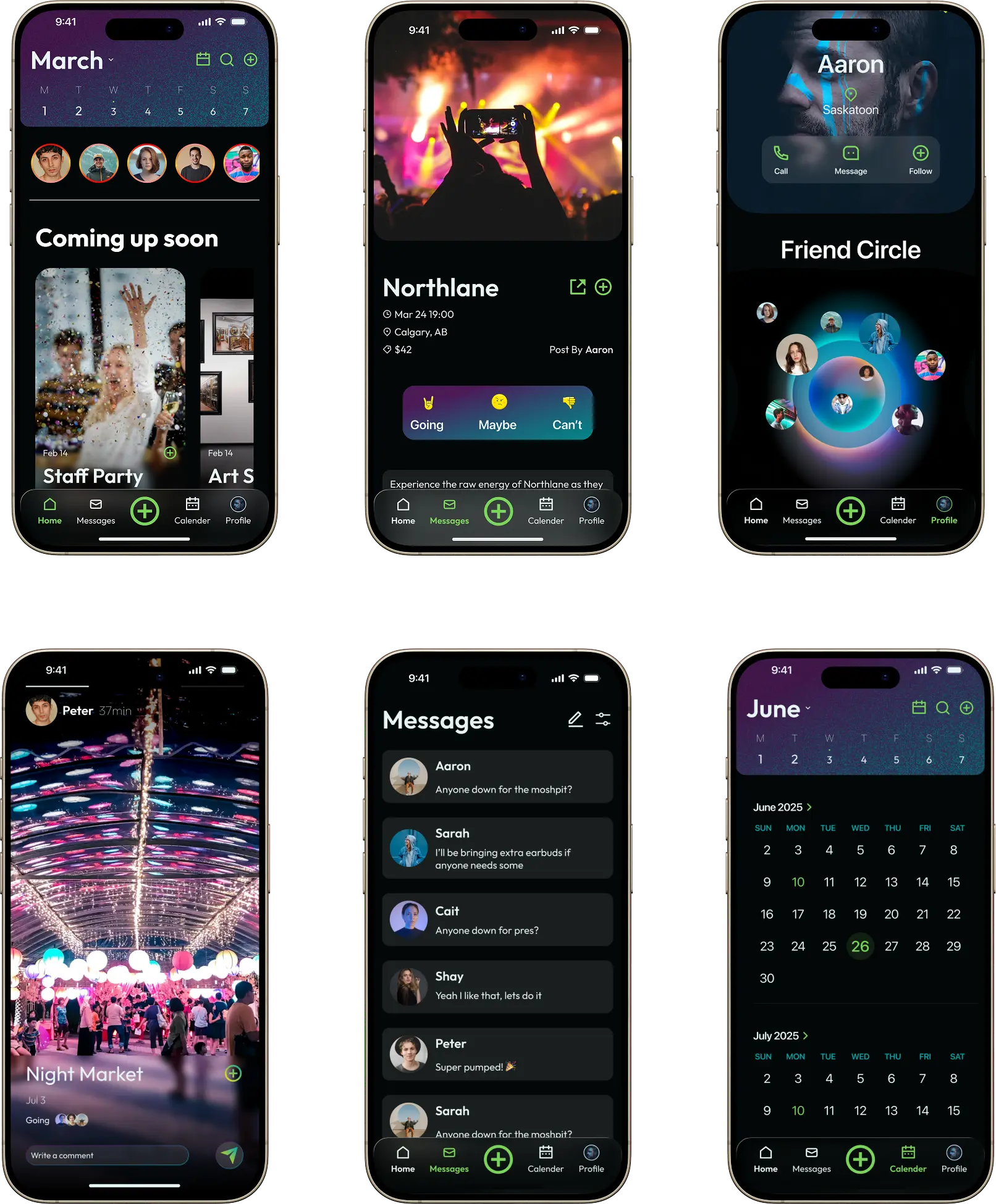 High-fidelity mockups showing the Gatherly home feed and Friend Circles interface