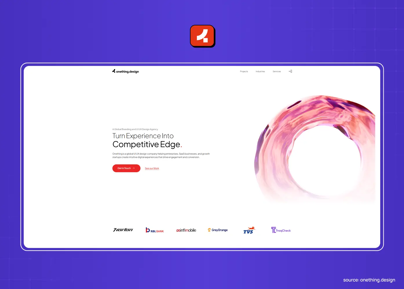 Onething.design website featuring a minimalist layout, colorful abstract ring artwork, and the headline “Turn Experience Into Competitive Edge.” 