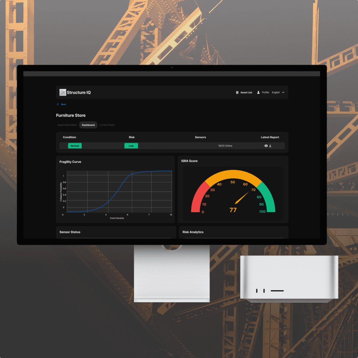 A large orange truck driving down a dirt road