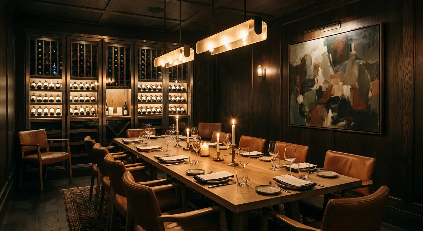 Intimate private dining room featuring a long wooden table set with candles, leather armchairs, abstract wall art, and a glass wine display wall.