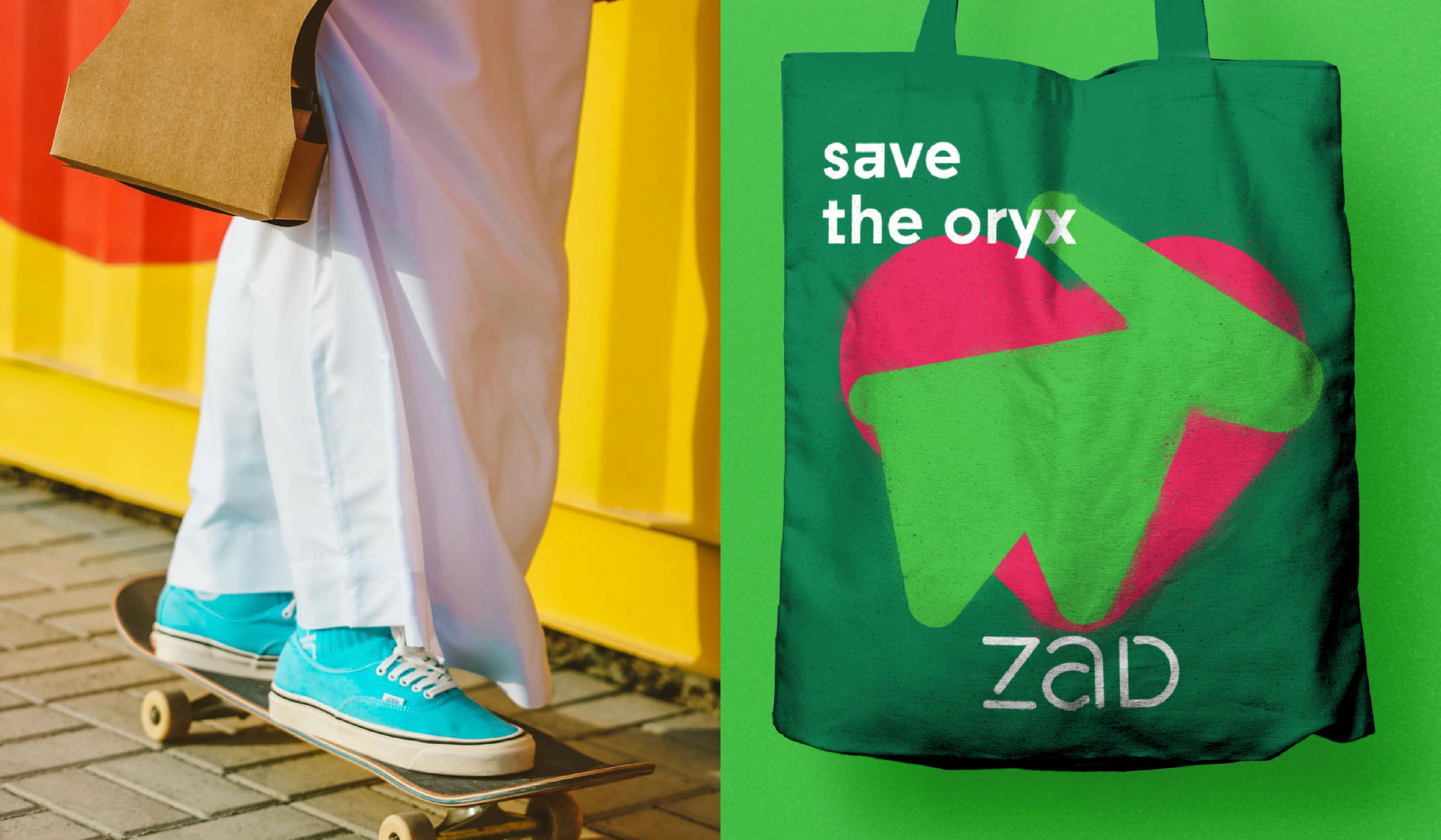 ZAD BRANDMARK, SHARJAH, UNITED ARABI EMIRATES, UAE, SHARJAH, SKTEBOARDER, TOTE BAG, SAVE THE ORYX, VIVID DESIGN, BRIGHT COLORS