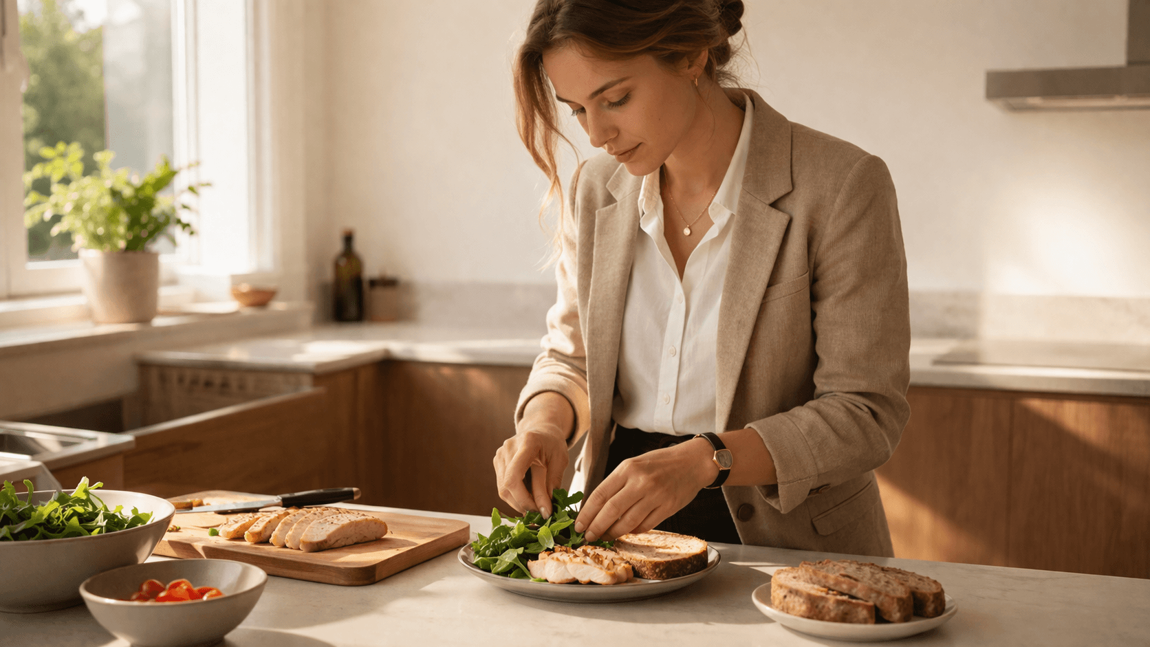 Balanced plate with leafy greens, protein and whole grains — Harvard Plate Method applied to women's nutritional needs