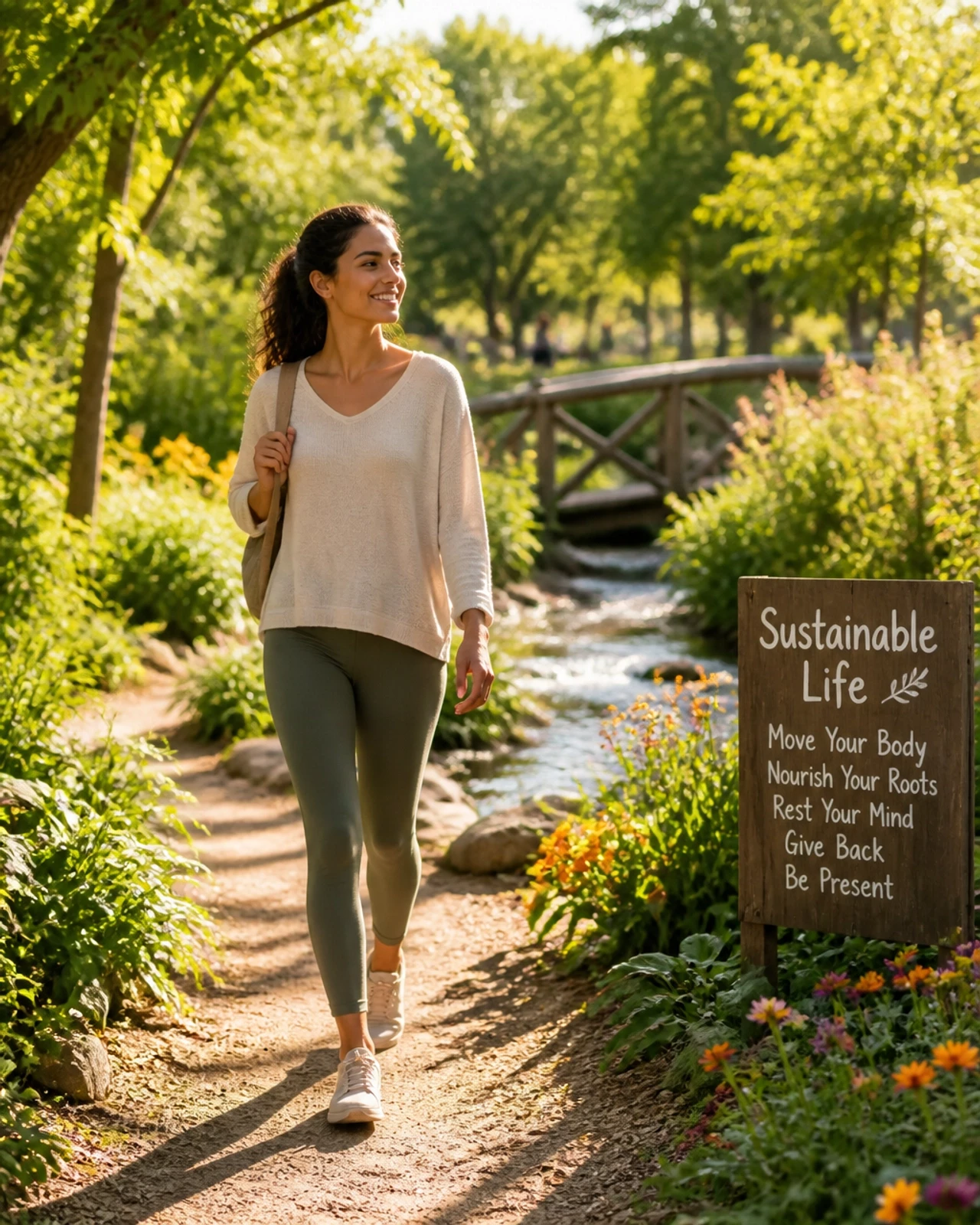 A person walking peacefully in a sunlit garden, looking relaxed and present, representing a balanced and sustainable life