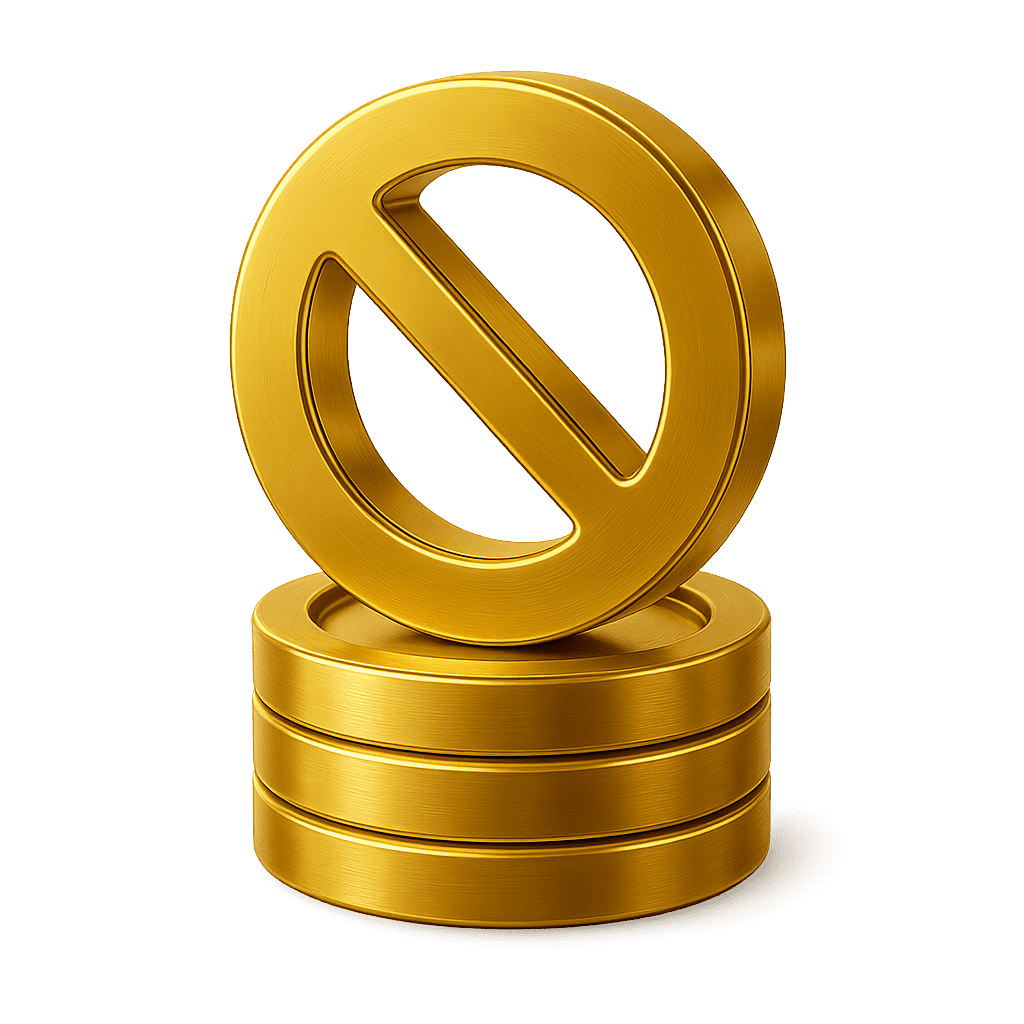 3D blue icon of a prohibition symbol on top of a stack of coins