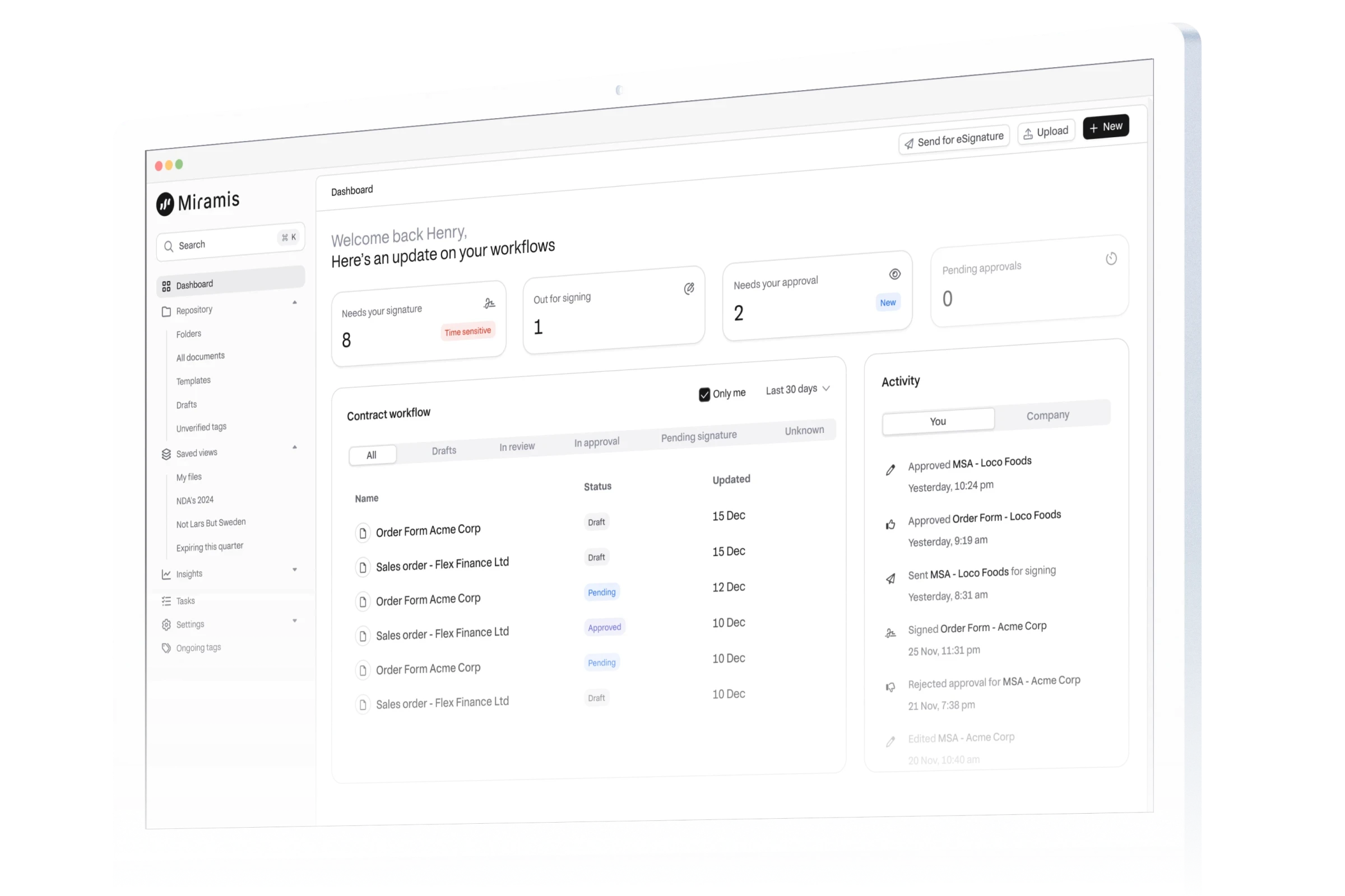AI-based contract management software Pocketlaw for businesses of all sizes (small, medium, large), showcasing a user-friendly dashboard that streamlines legal workflow for clients and customers with options to create, review, and upload documents, access templates, and monitor document statistics.