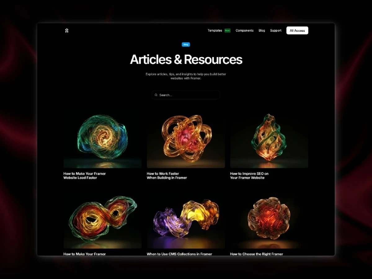 Blog and resources section layout from the Neoplates premium Framer template.