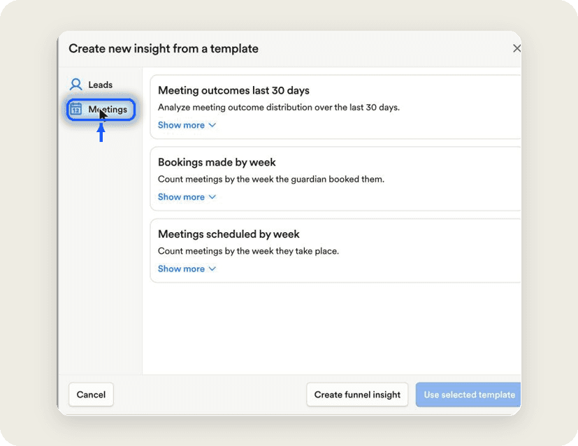 Playground CRM insight builder with the Meetings reporting templates tab highlighted