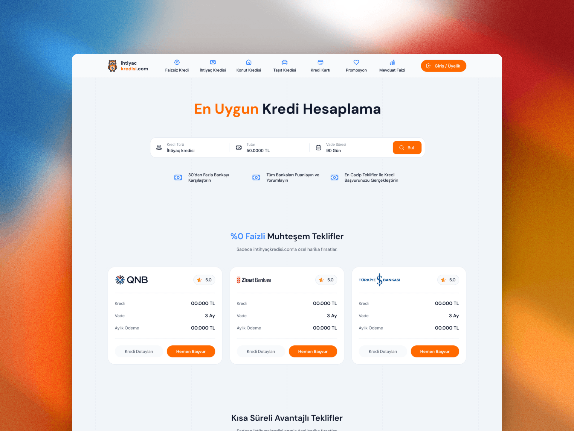 İhtiyaçkredisi.com'un tasarım çalışmasının bir mockup içerisindeki görseli.